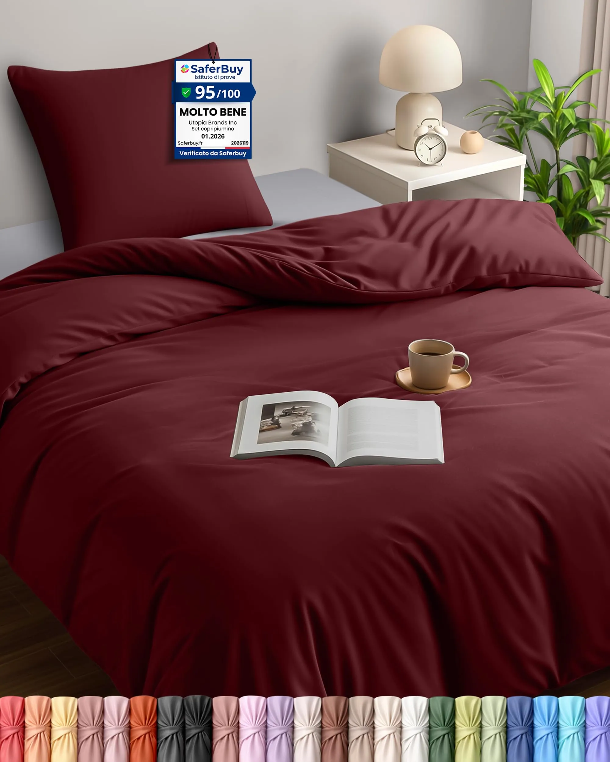Utopia Bedding Set Copripiumino Singolo 135x200 cm e Federa 80x80 cm, Bordeaux - immagine 1