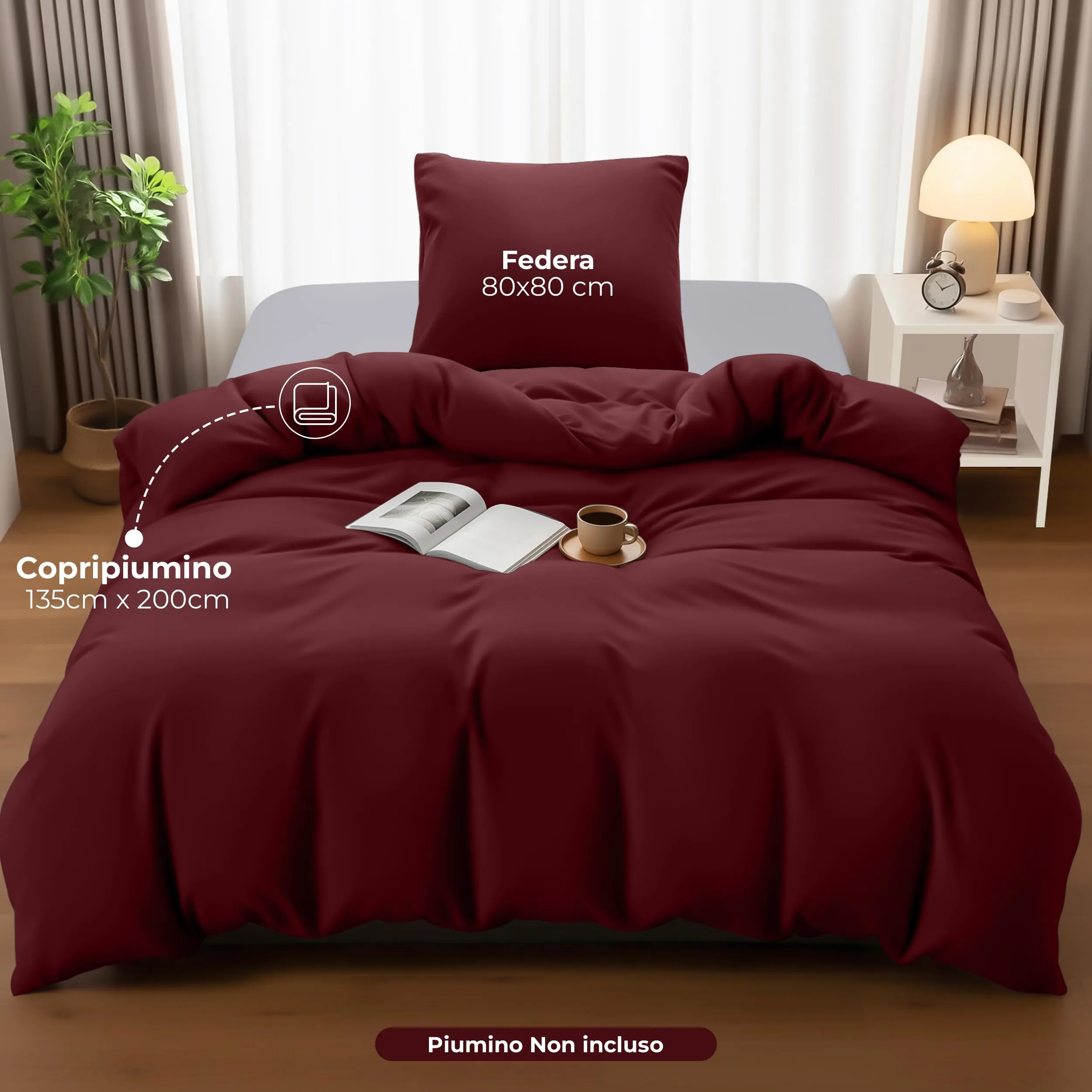 Utopia Bedding Set Copripiumino Singolo 135x200 cm e Federa 80x80 cm, Bordeaux - immagine 4