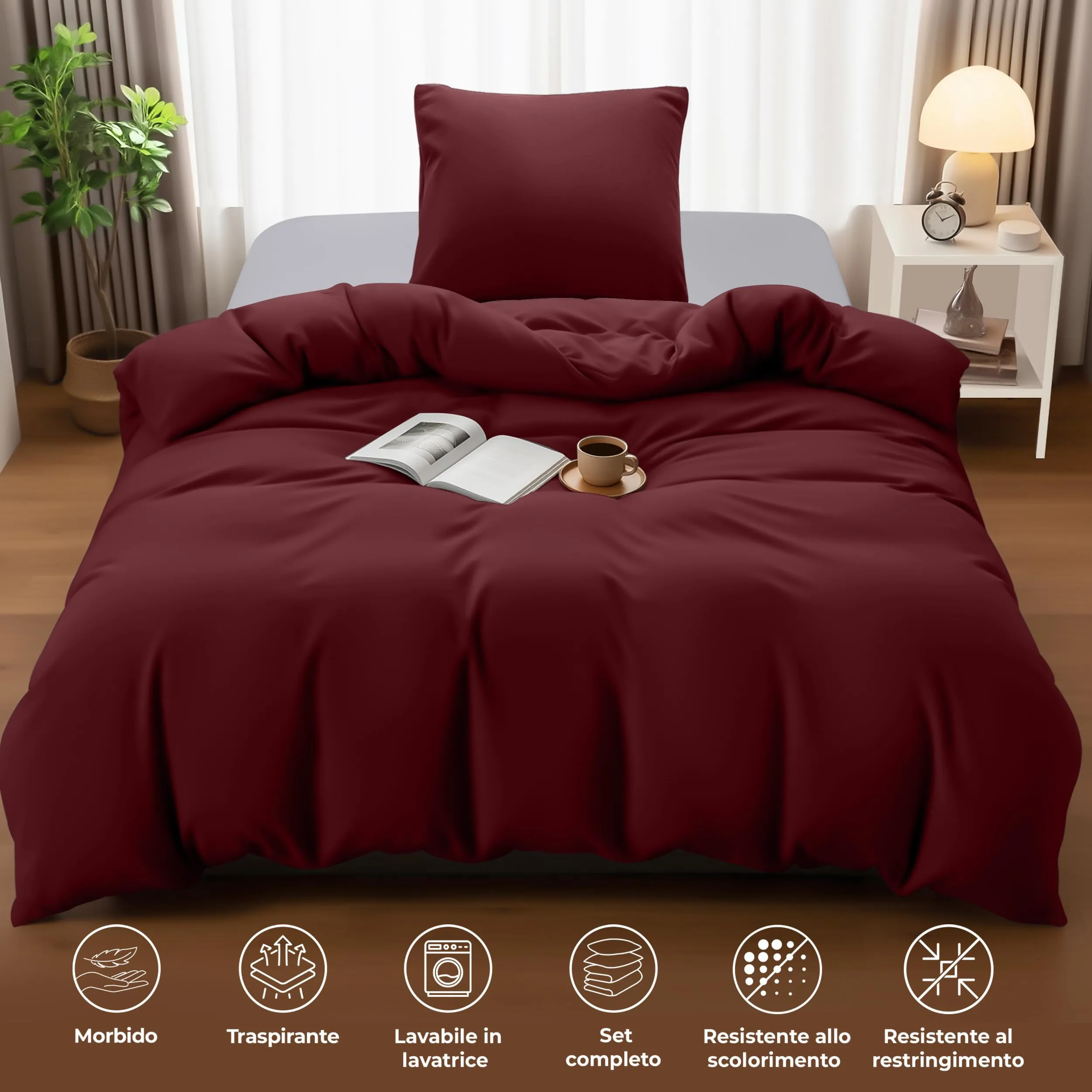 Utopia Bedding Set Copripiumino Singolo 135x200 cm e Federa 80x80 cm, Bordeaux - immagine 5