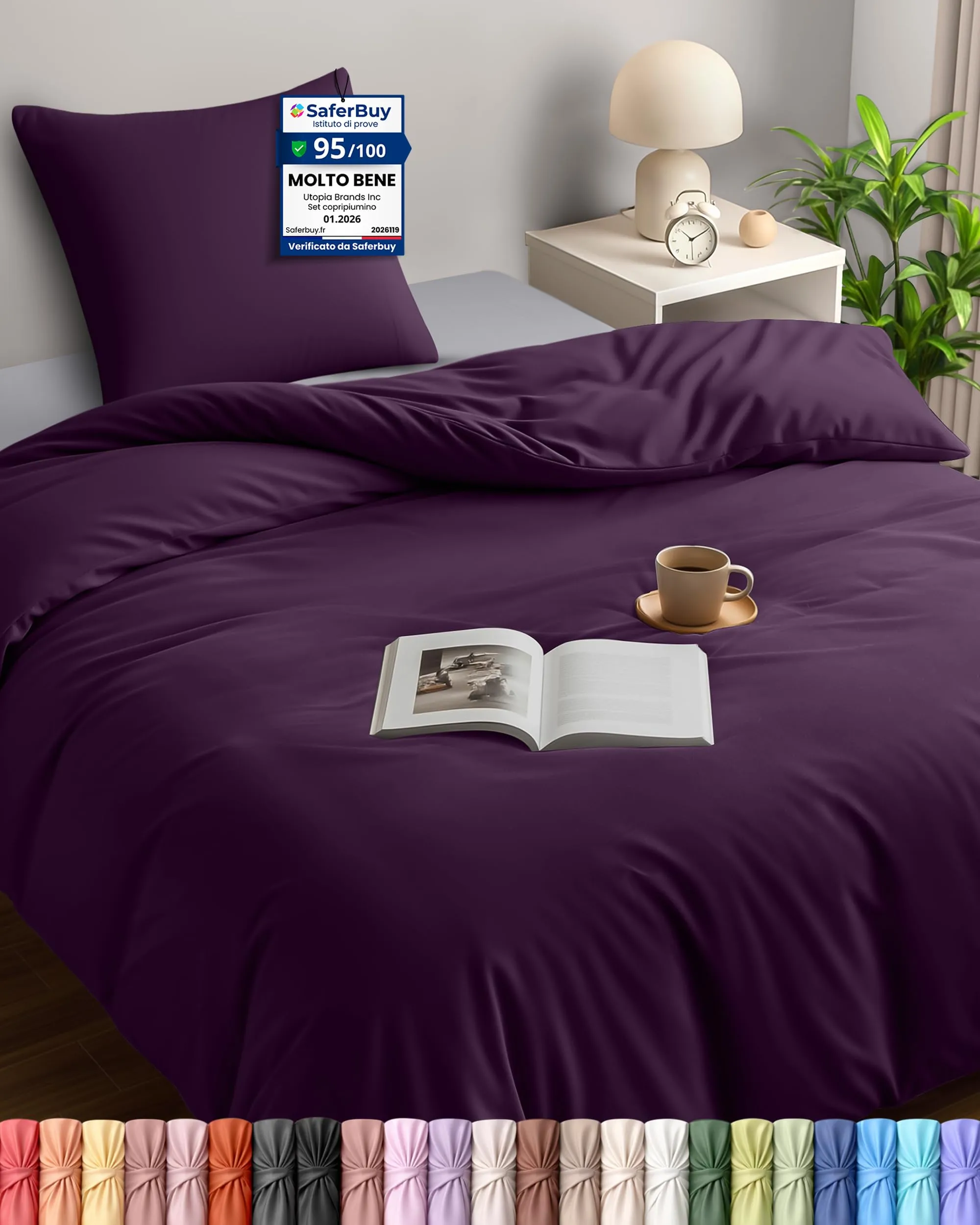 Utopia Bedding Set Copripiumino Singolo 135x200 cm e Federa 80x80 cm, Viola - immagine 1