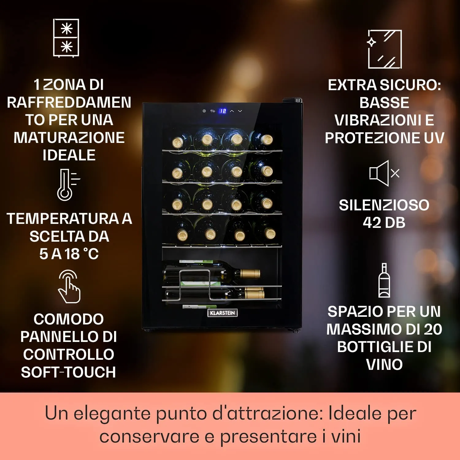 Klarstein Shiraz Cantinetta Vino Nero - 20 Bottiglie, 53 L, 1 Zona, 5–18 °C, LED, Telaio Inox - immagine 2