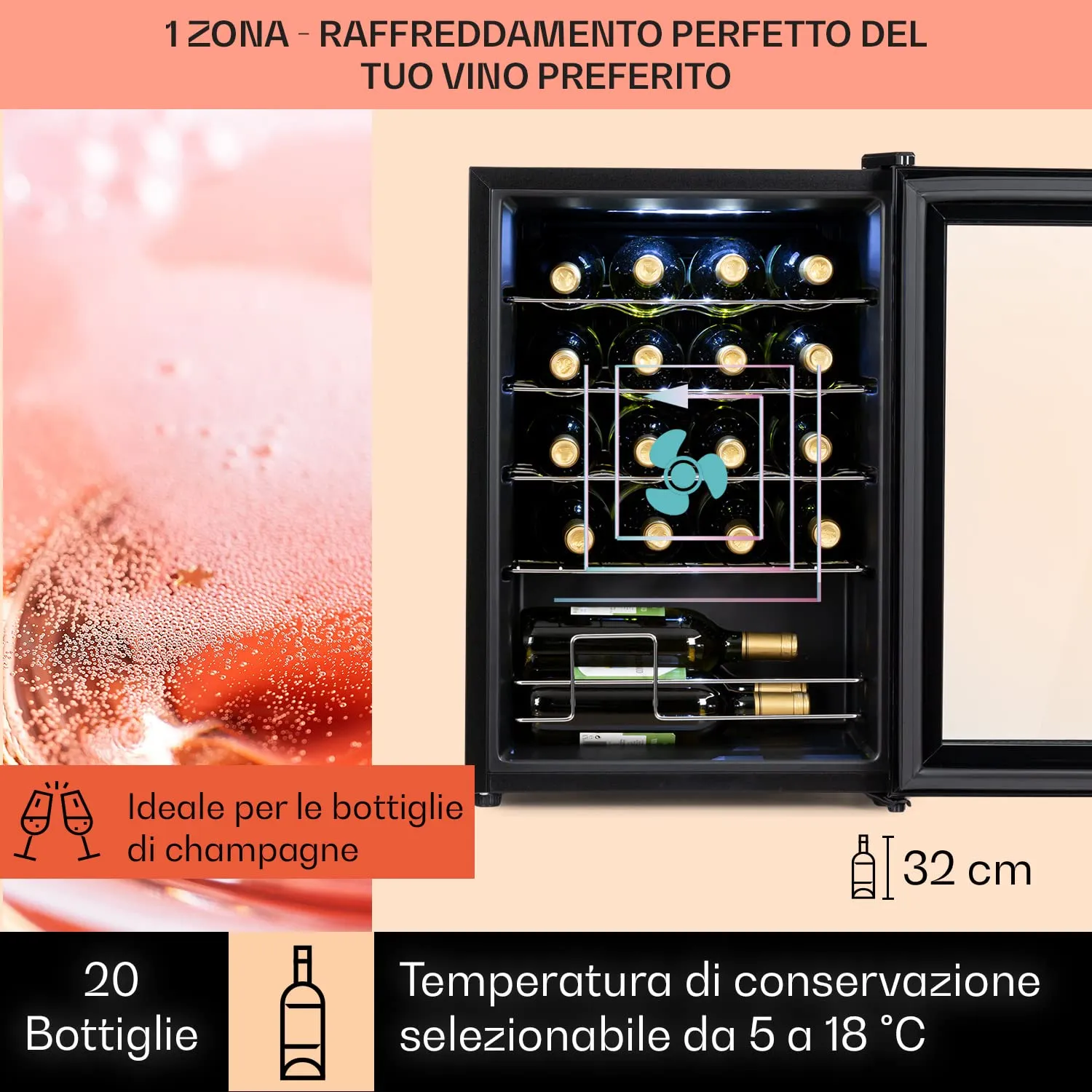 Klarstein Shiraz Cantinetta Vino Nero - 20 Bottiglie, 53 L, 1 Zona, 5–18 °C, LED, Telaio Inox - immagine 3