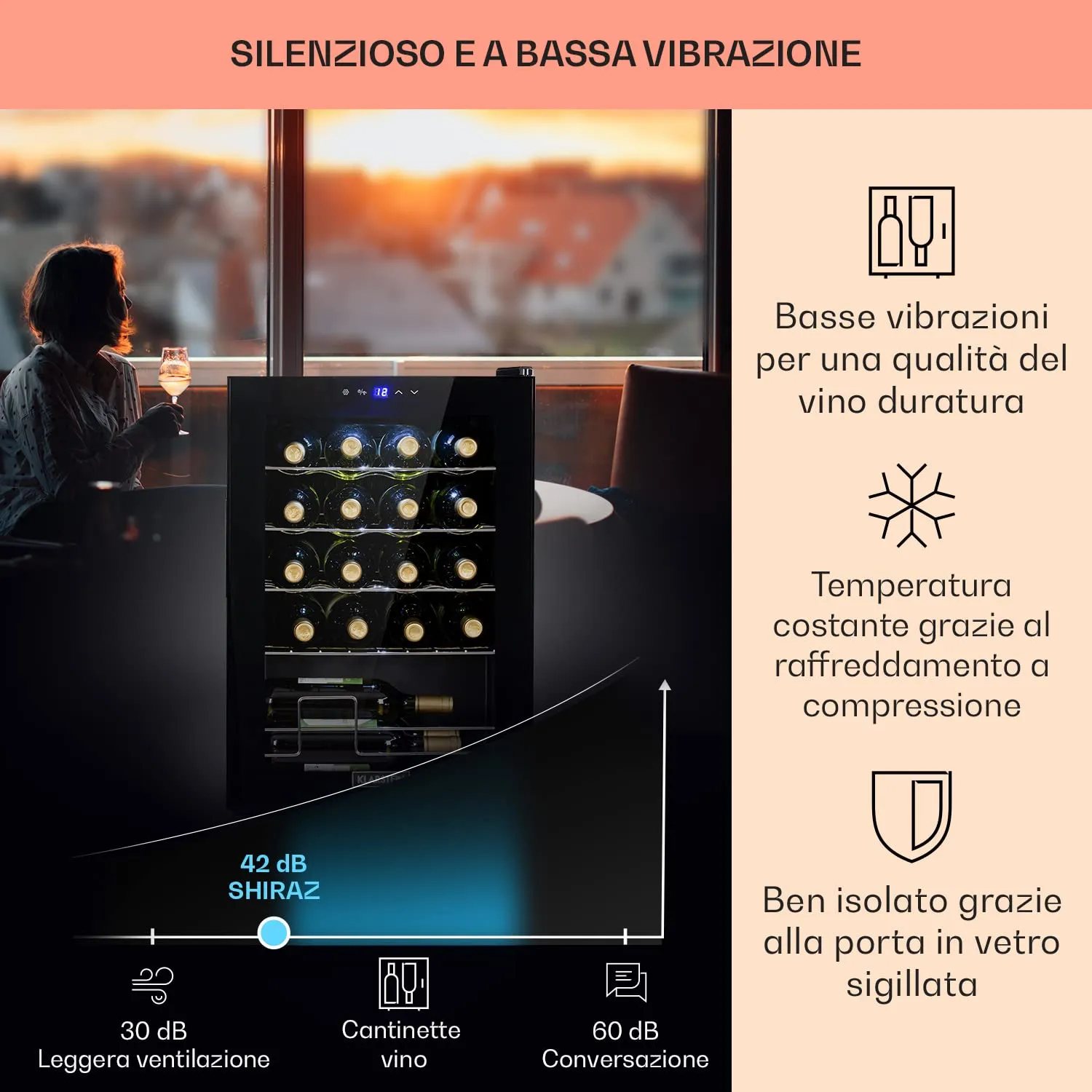 Klarstein Shiraz Cantinetta Vino Nero - 20 Bottiglie, 53 L, 1 Zona, 5–18 °C, LED, Telaio Inox - immagine 4