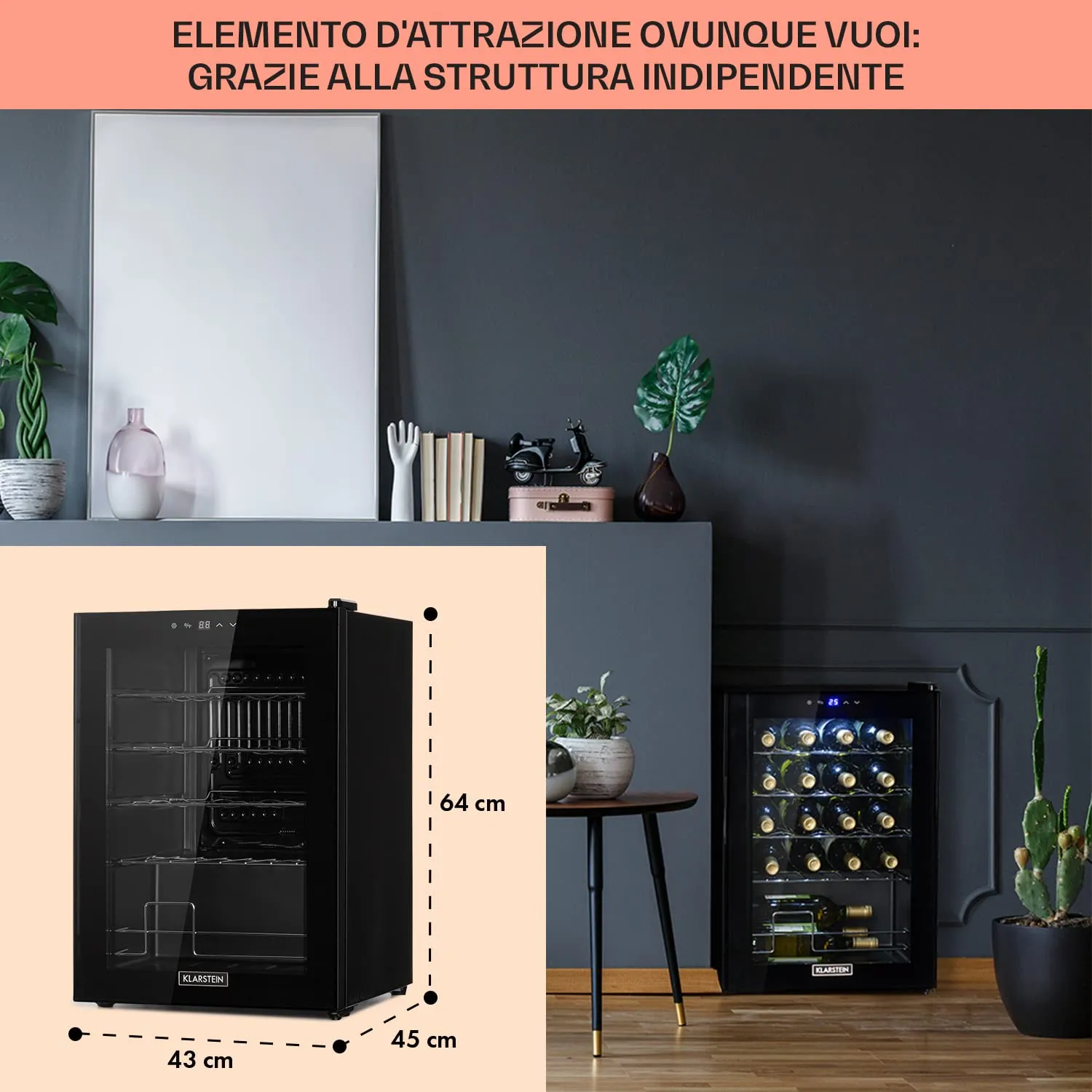 Klarstein Shiraz Cantinetta Vino Nero - 20 Bottiglie, 53 L, 1 Zona, 5–18 °C, LED, Telaio Inox - immagine 6