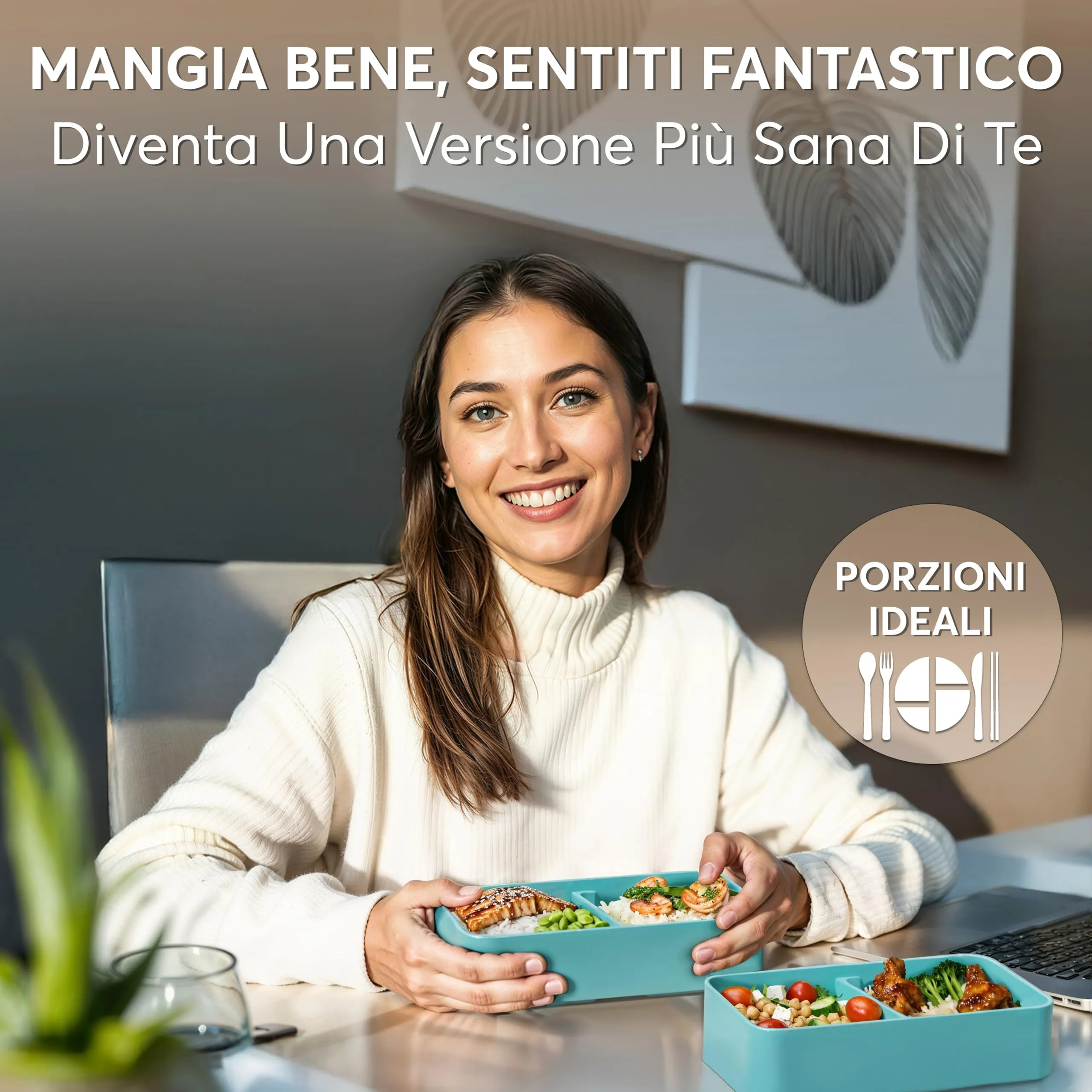 Umami Porta Pranzo Adulti Ermetico, Bento Box con Scomparti, 1200 ml, Turchese Fresco, con 4 Posate e 2 Contenitori per Salsa - immagine 2