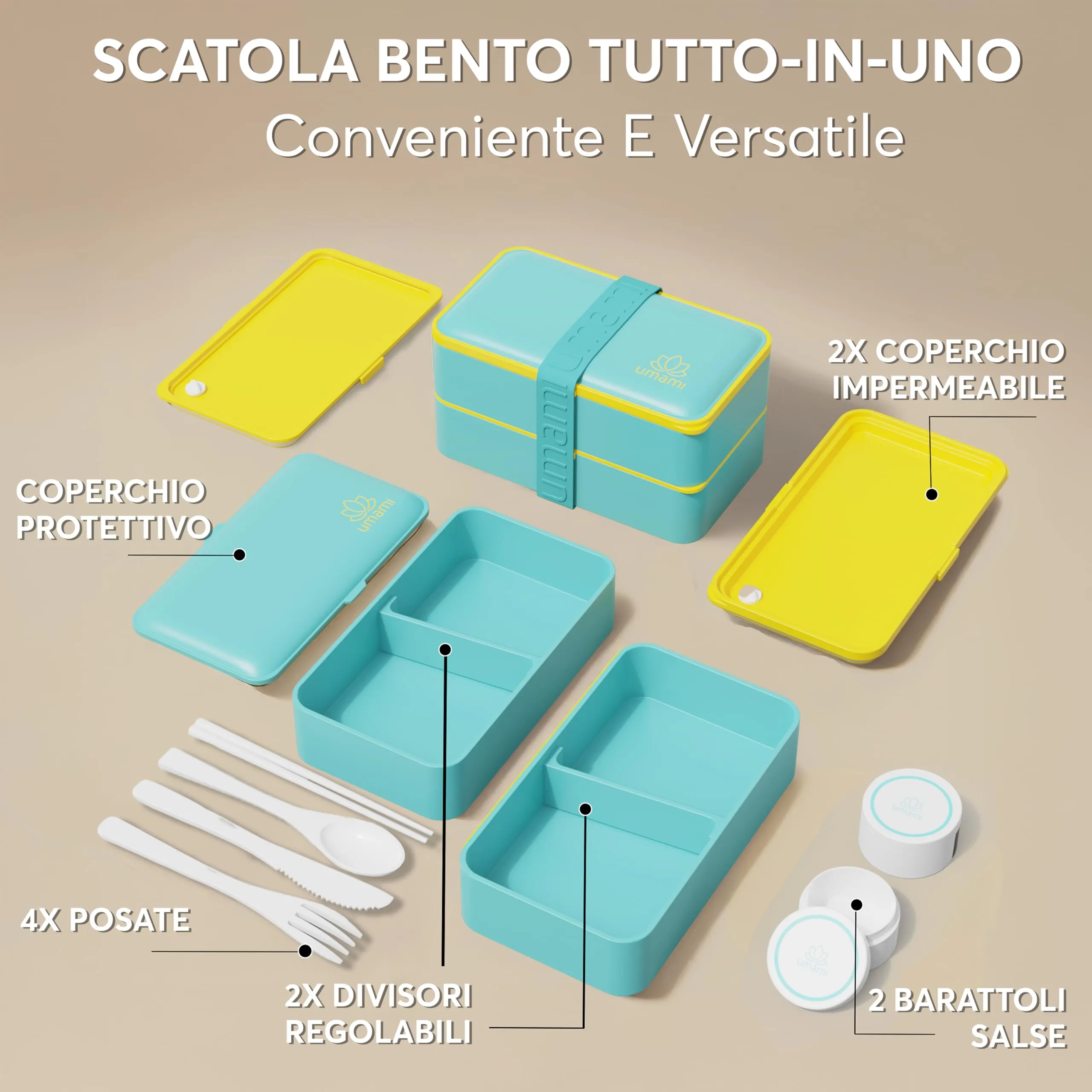Umami Porta Pranzo Adulti Ermetico, Bento Box con Scomparti, 1200 ml, Turchese Fresco, con 4 Posate e 2 Contenitori per Salsa - immagine 3