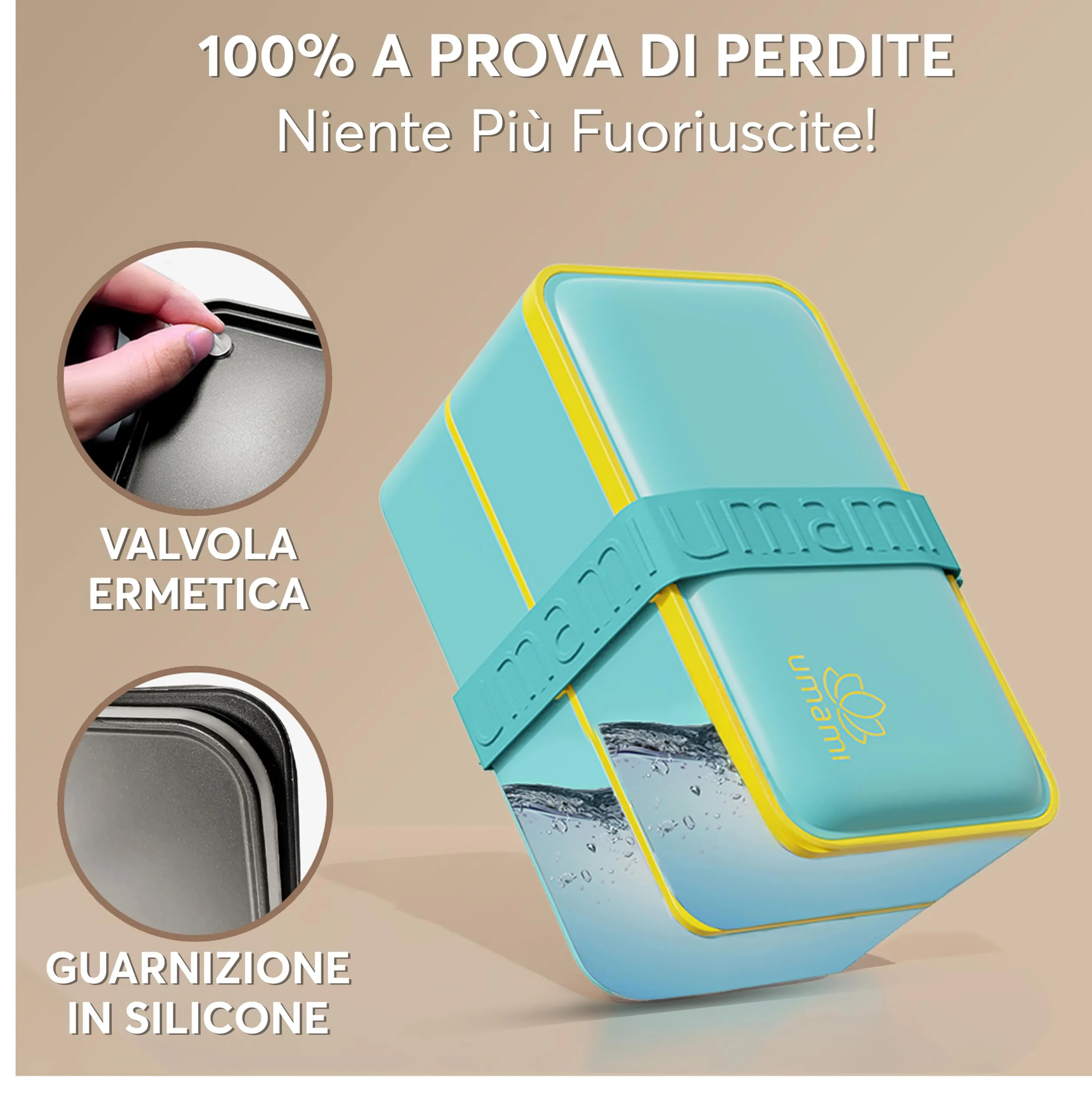 Umami Porta Pranzo Adulti Ermetico, Bento Box con Scomparti, 1200 ml, Turchese Fresco, con 4 Posate e 2 Contenitori per Salsa - immagine 4