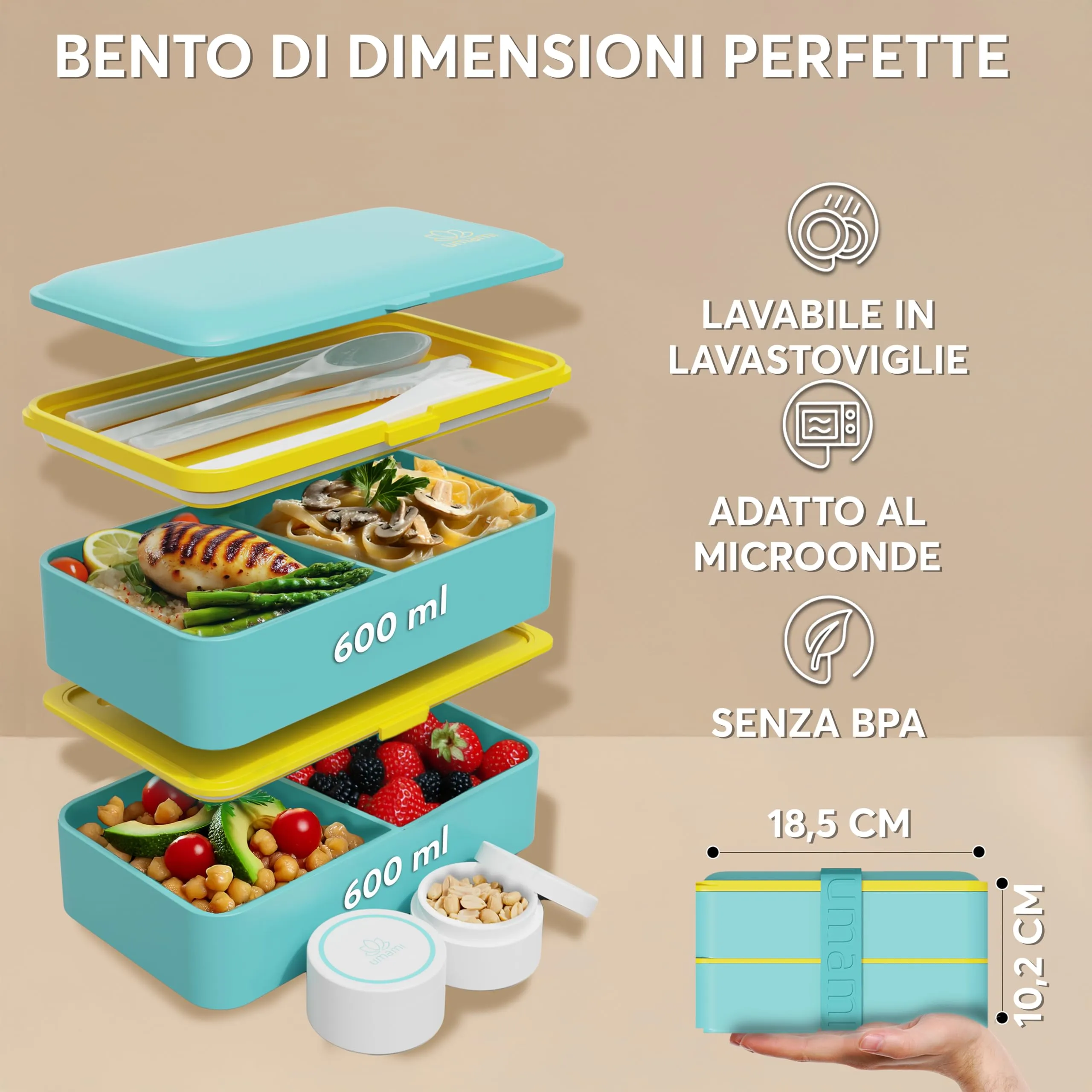 Umami Porta Pranzo Adulti Ermetico, Bento Box con Scomparti, 1200 ml, Turchese Fresco, con 4 Posate e 2 Contenitori per Salsa - immagine 5