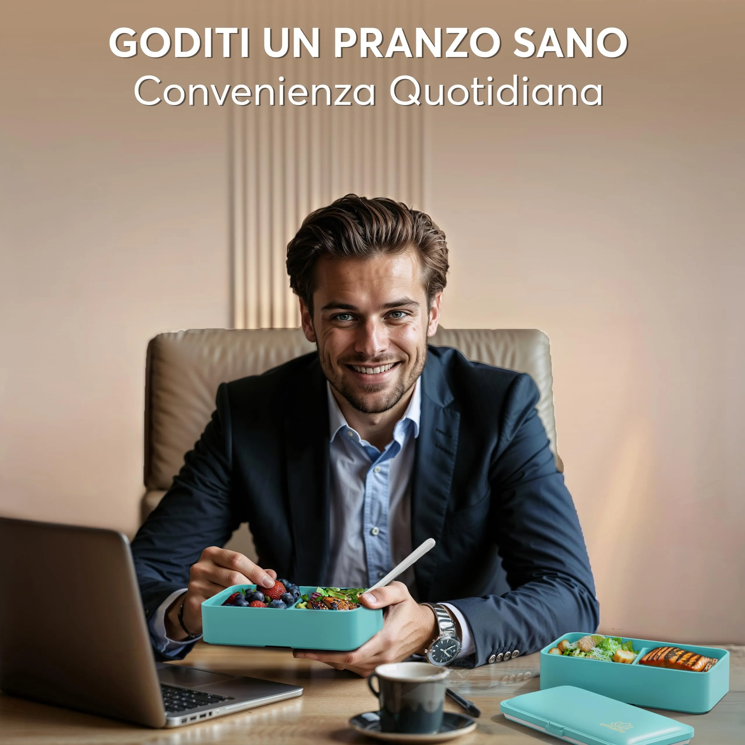 Umami Porta Pranzo Adulti Ermetico, Bento Box con Scomparti, 1200 ml, Turchese Fresco, con 4 Posate e 2 Contenitori per Salsa - immagine 6