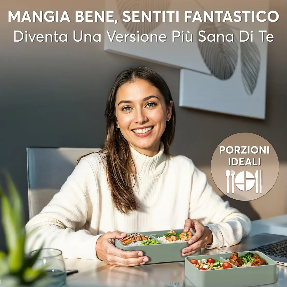 Umami Bento Box Porta Pranzo Ermetico con Scomparti, 1200 ml, Verde Naturale, include Posate - immagine 2