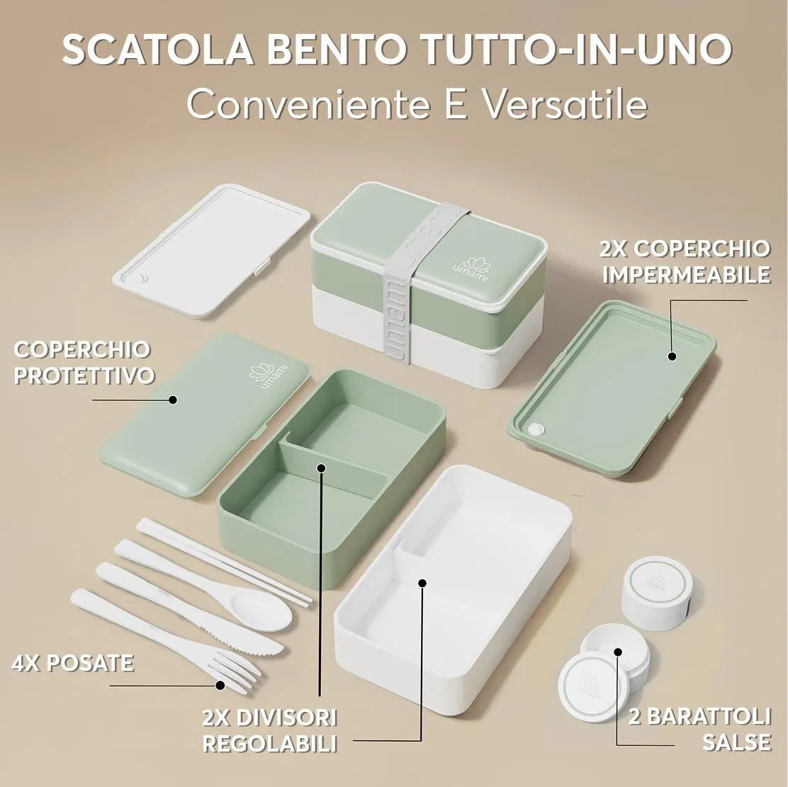 Umami Bento Box Porta Pranzo Ermetico con Scomparti, 1200 ml, Verde Naturale, include Posate - immagine 3