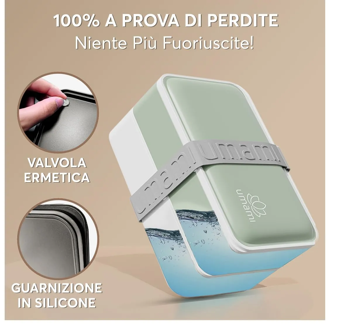 Umami Bento Box Porta Pranzo Ermetico con Scomparti, 1200 ml, Verde Naturale, include Posate - immagine 4