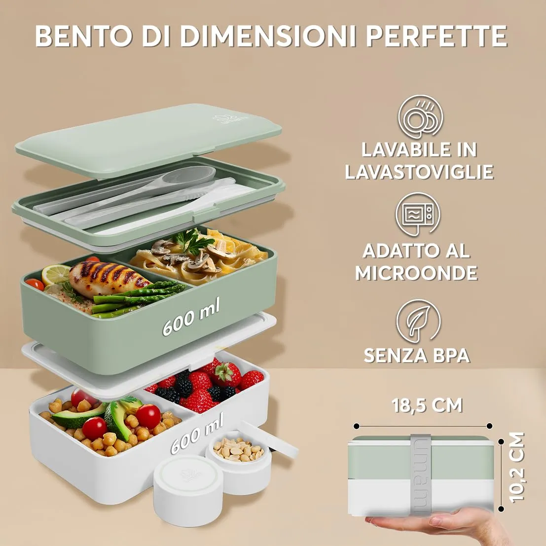 Umami Bento Box Porta Pranzo Ermetico con Scomparti, 1200 ml, Verde Naturale, include Posate - immagine 5
