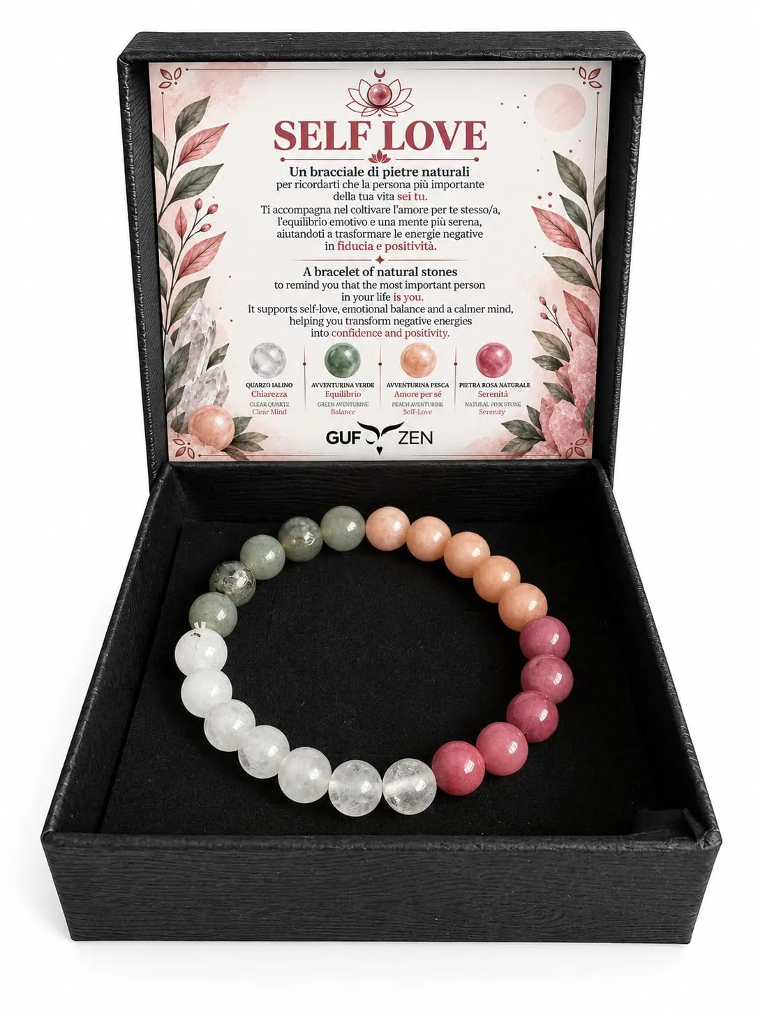 GufoZen Bracciale Pietre Naturali 8mm Self Love per Uomo e Donna - immagine 1