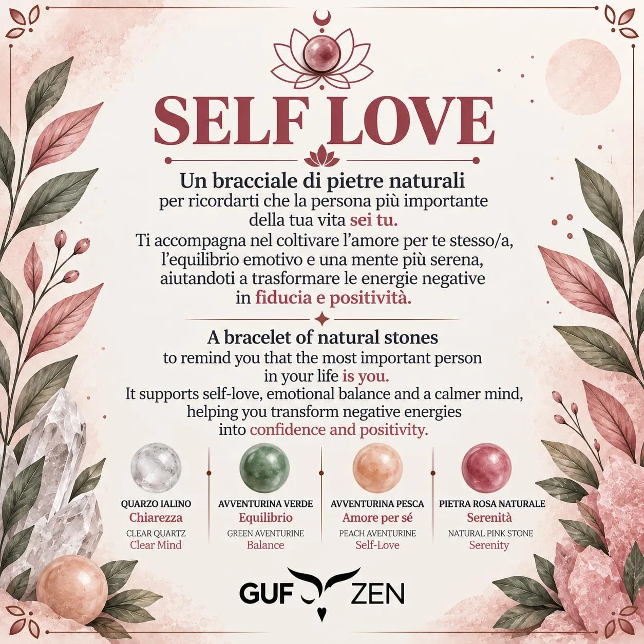 GufoZen Bracciale Pietre Naturali 8mm Self Love per Uomo e Donna - immagine 2