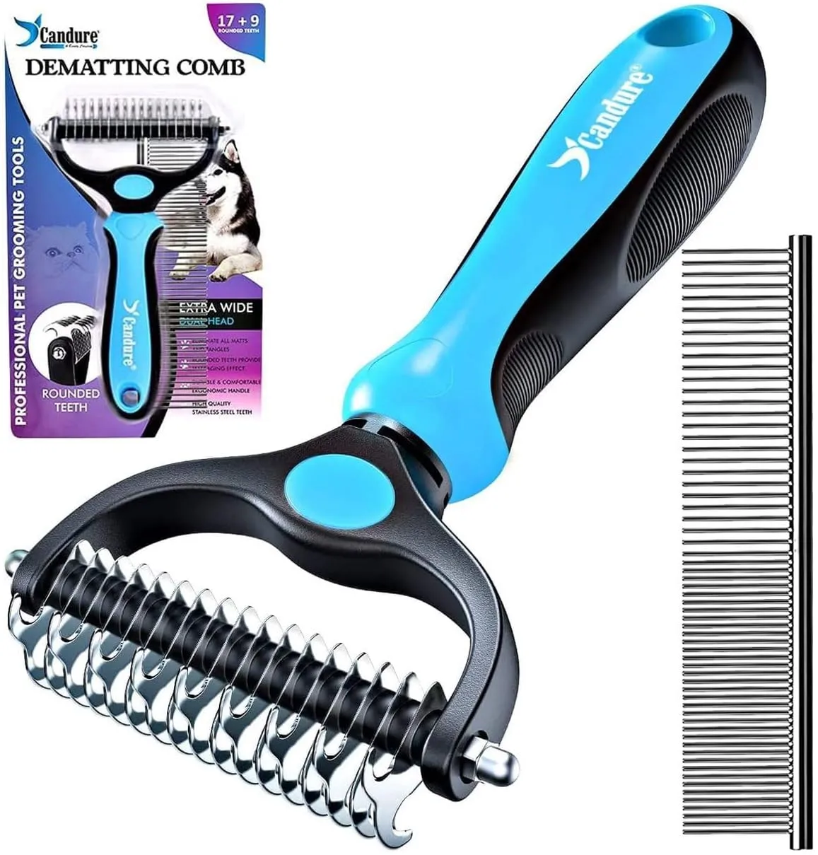 Candure Spazzola per Cani e Gatti in Acciaio Inossidabile, Doppia Faccia per Deshedding e Nodi (Blu) - immagine 1