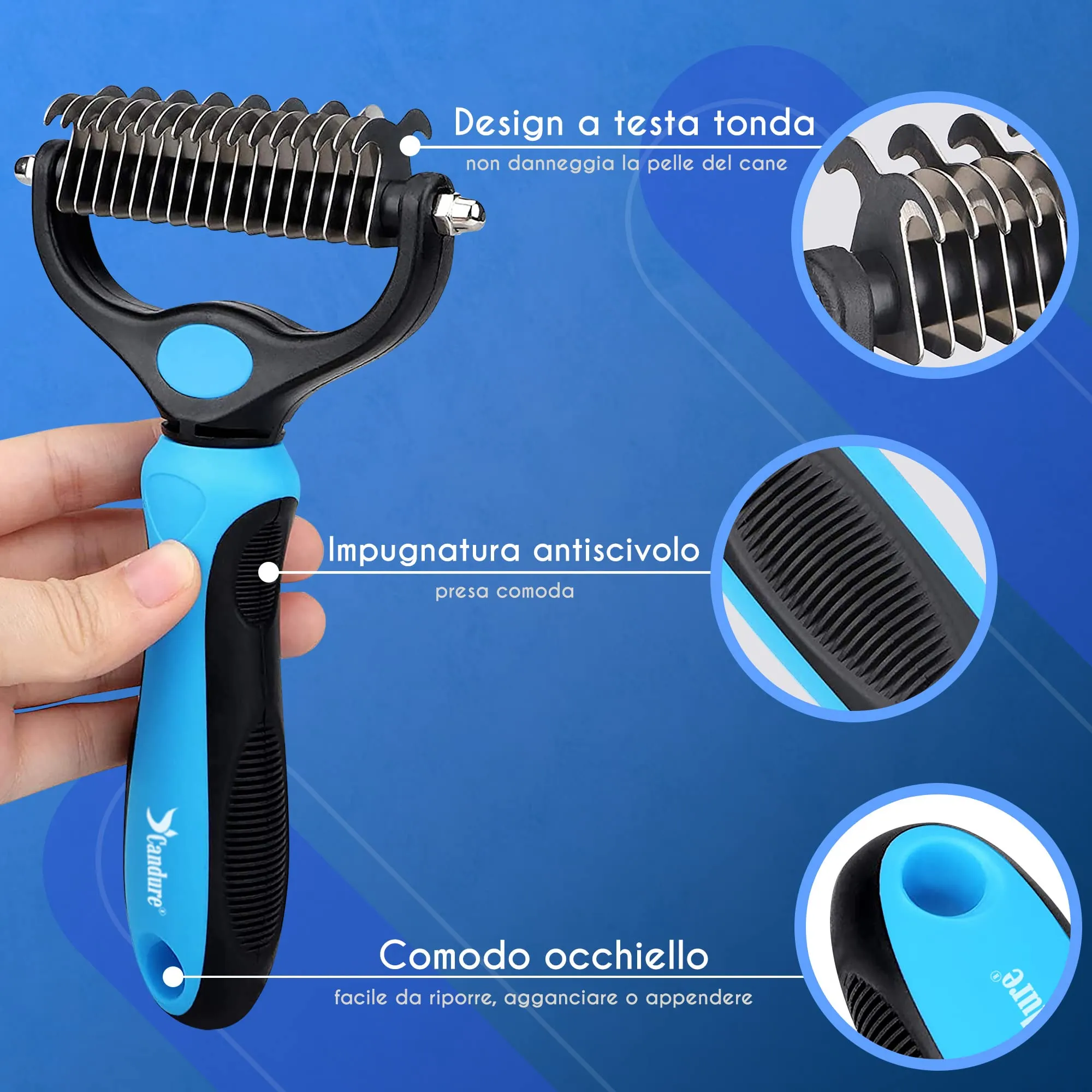 Candure Spazzola per Cani e Gatti in Acciaio Inossidabile, Doppia Faccia per Deshedding e Nodi (Blu) - immagine 2