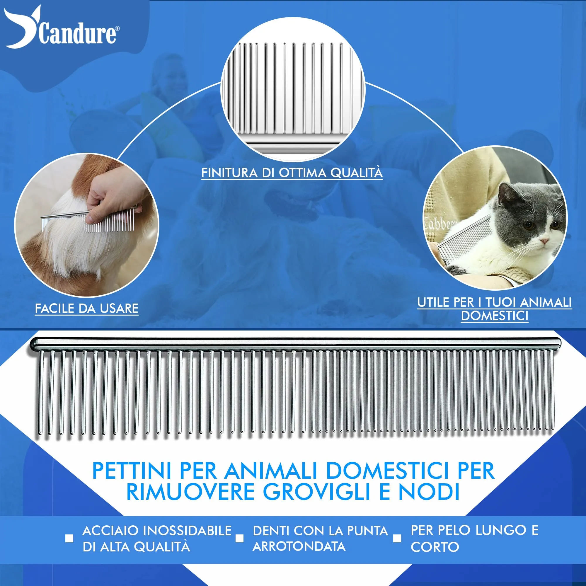 Candure Spazzola per Cani e Gatti in Acciaio Inossidabile, Doppia Faccia per Deshedding e Nodi (Blu) - immagine 3