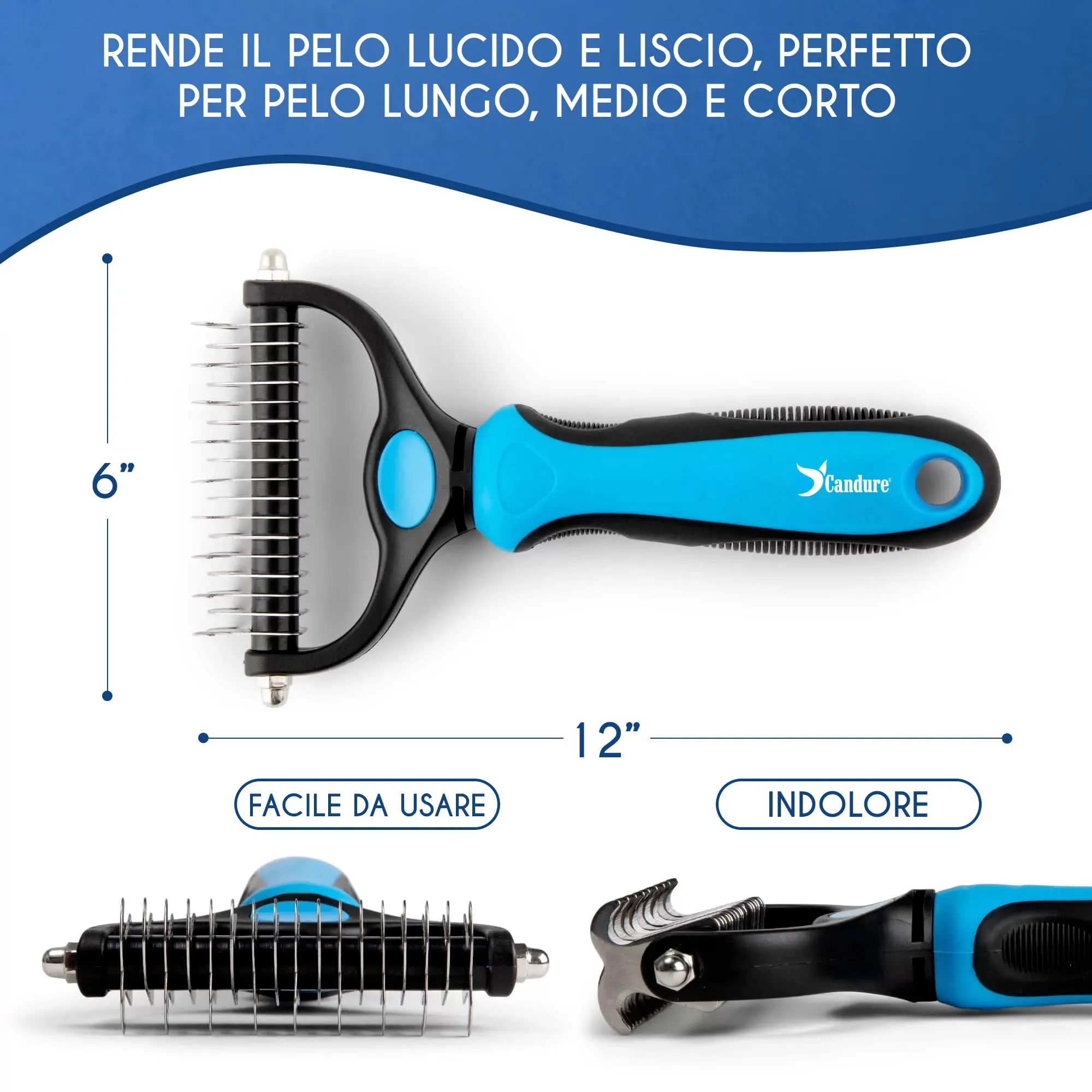 Candure Spazzola per Cani e Gatti in Acciaio Inossidabile, Doppia Faccia per Deshedding e Nodi (Blu) - immagine 4