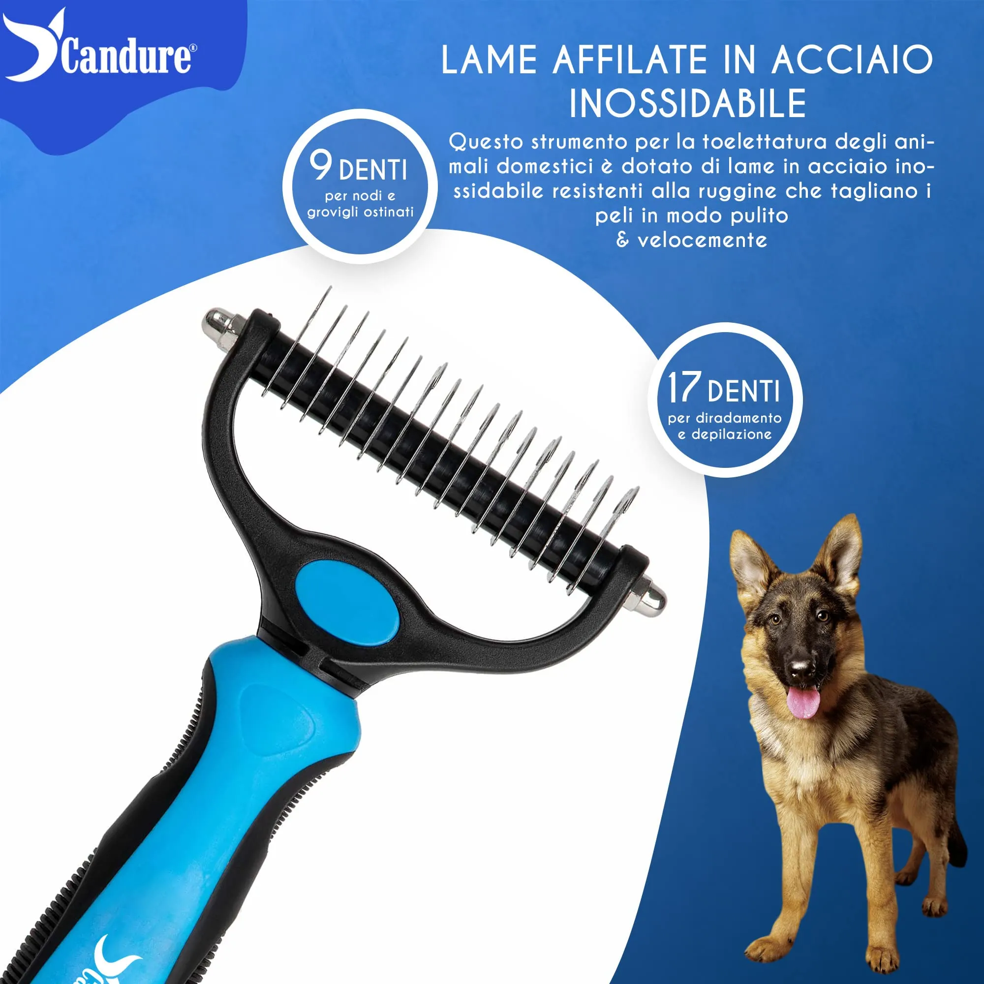 Candure Spazzola per Cani e Gatti in Acciaio Inossidabile, Doppia Faccia per Deshedding e Nodi (Blu) - immagine 7