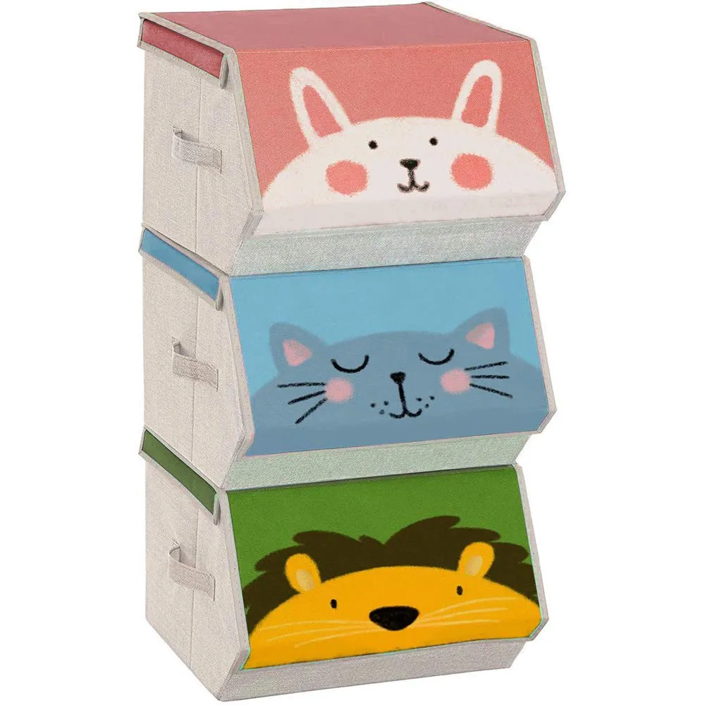 SONGMICS Organizzatori per Bambini, 3 Scatole Portaoggetti Impilabili e Pieghevoli con Manici e Coperchio Magnetico, Tema Leone Gatto Coniglio, Rosa, Blu, Verde e Grigio RFB760P01 - immagine 1