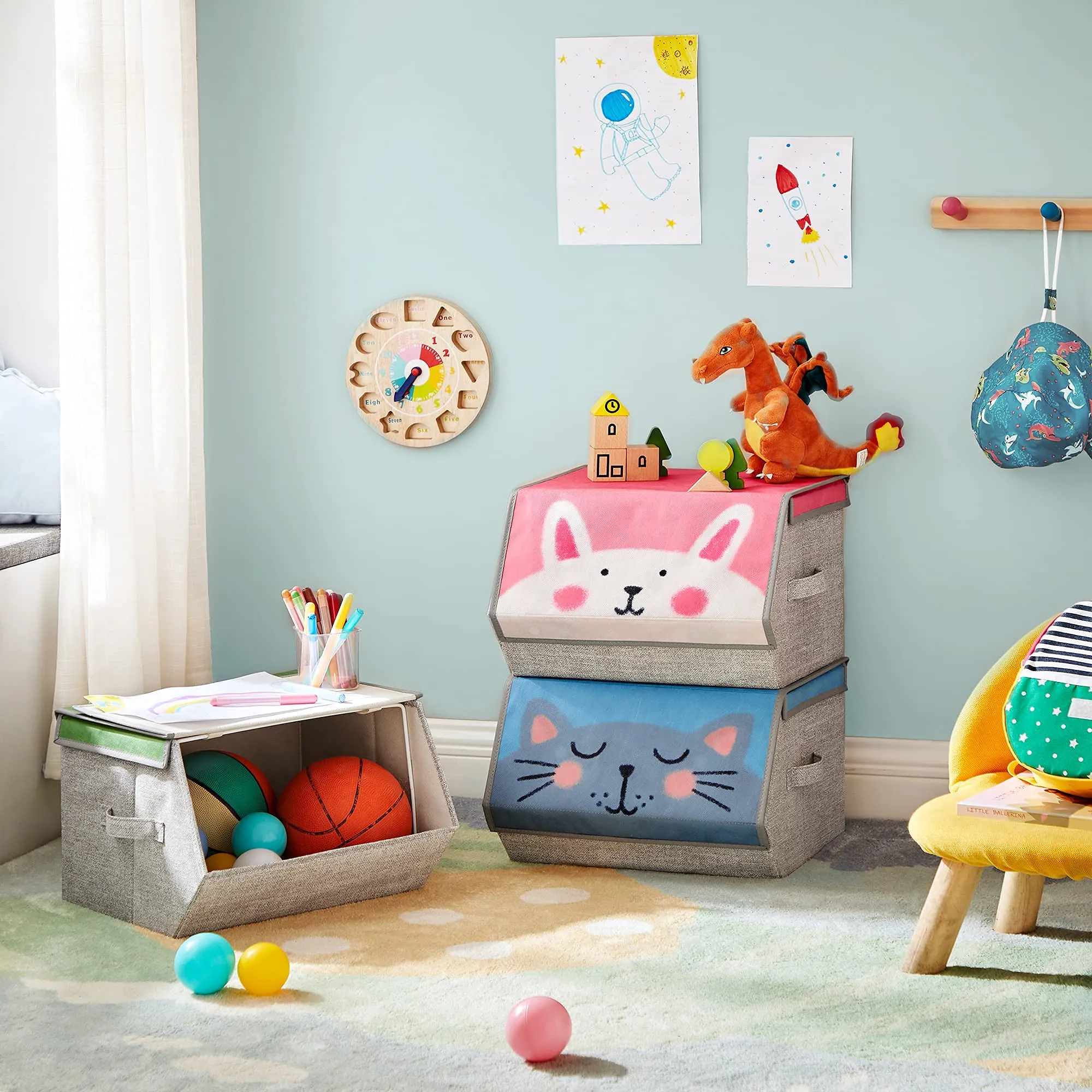 SONGMICS Organizzatori per Bambini, 3 Scatole Portaoggetti Impilabili e Pieghevoli con Manici e Coperchio Magnetico, Tema Leone Gatto Coniglio, Rosa, Blu, Verde e Grigio RFB760P01 - immagine 3