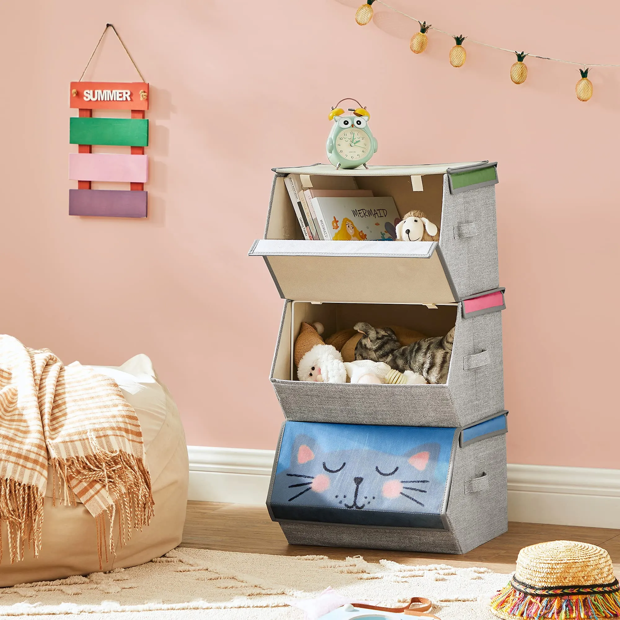 SONGMICS Organizzatori per Bambini, 3 Scatole Portaoggetti Impilabili e Pieghevoli con Manici e Coperchio Magnetico, Tema Leone Gatto Coniglio, Rosa, Blu, Verde e Grigio RFB760P01 - immagine 4