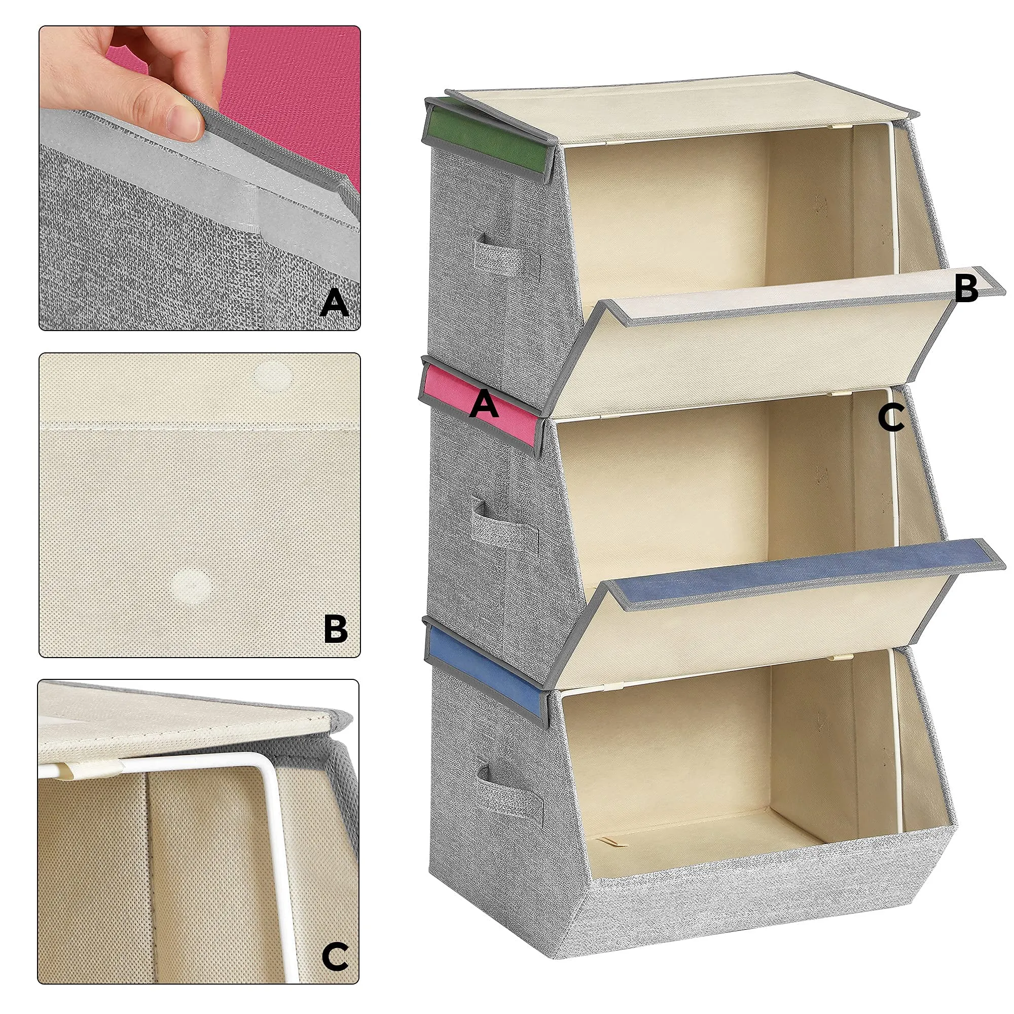 SONGMICS Organizzatori per Bambini, 3 Scatole Portaoggetti Impilabili e Pieghevoli con Manici e Coperchio Magnetico, Tema Leone Gatto Coniglio, Rosa, Blu, Verde e Grigio RFB760P01 - immagine 5