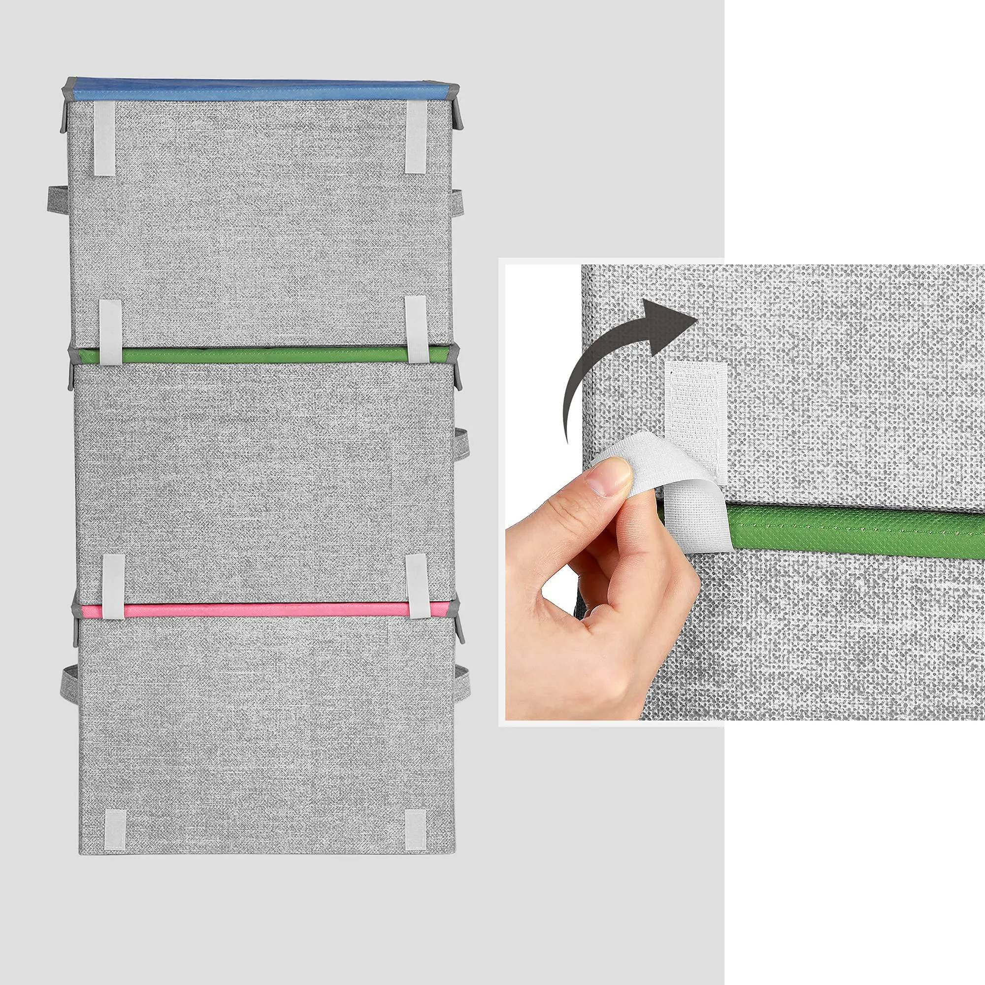 SONGMICS Organizzatori per Bambini, 3 Scatole Portaoggetti Impilabili e Pieghevoli con Manici e Coperchio Magnetico, Tema Leone Gatto Coniglio, Rosa, Blu, Verde e Grigio RFB760P01 - immagine 6