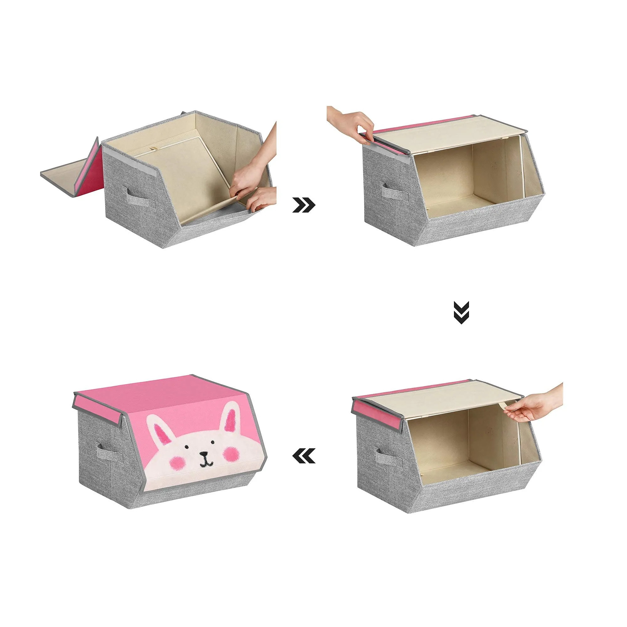 SONGMICS Organizzatori per Bambini, 3 Scatole Portaoggetti Impilabili e Pieghevoli con Manici e Coperchio Magnetico, Tema Leone Gatto Coniglio, Rosa, Blu, Verde e Grigio RFB760P01 - immagine 8