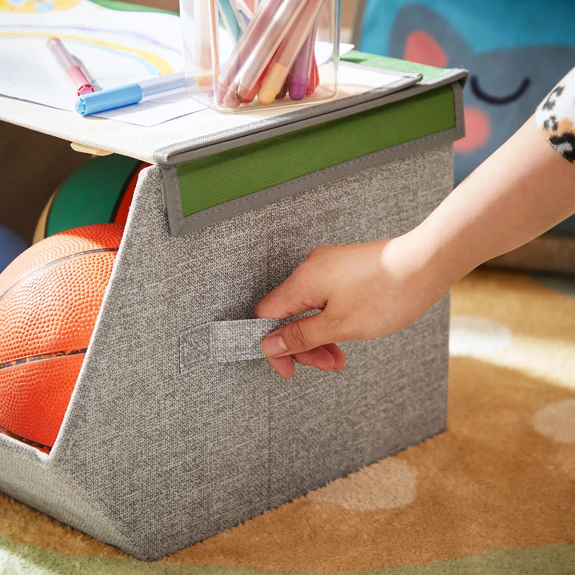 SONGMICS Organizzatori per Bambini, 3 Scatole Portaoggetti Impilabili e Pieghevoli con Manici e Coperchio Magnetico, Tema Leone Gatto Coniglio, Rosa, Blu, Verde e Grigio RFB760P01 - immagine 9