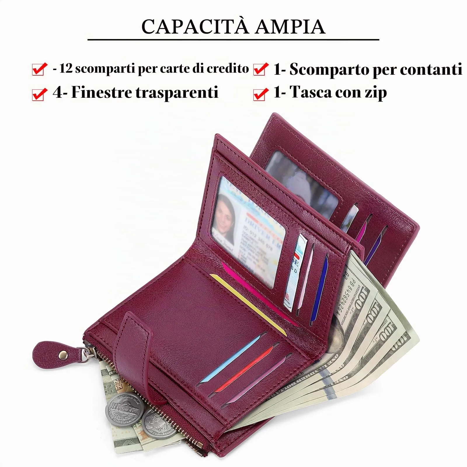 SENDEFN Portafoglio Donna in Pelle Vera Piccolo con Cerniera e 14 Slot per Carte - immagine 6