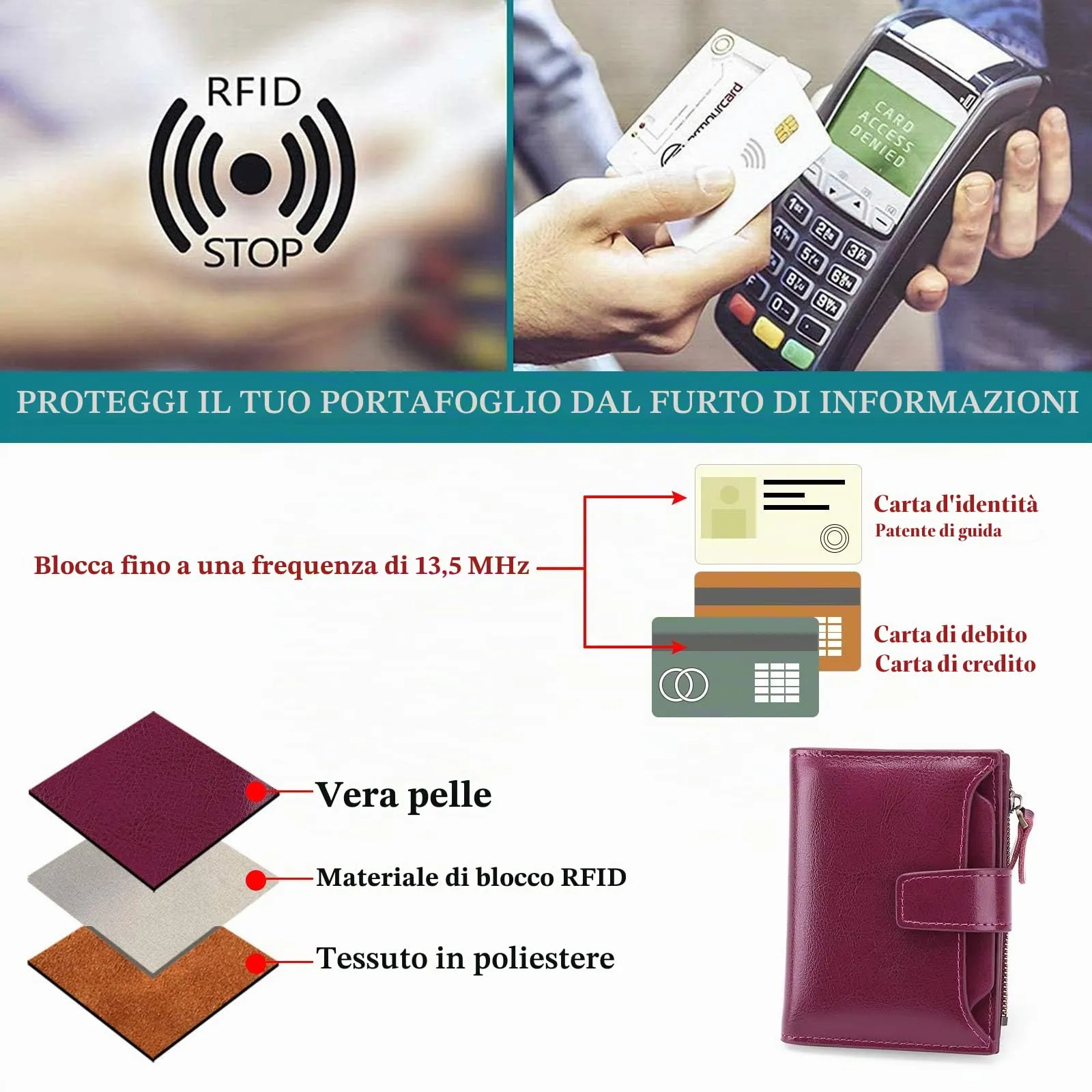 SENDEFN Portafoglio Donna in Pelle Vera Piccolo con Cerniera e 14 Slot per Carte - immagine 9