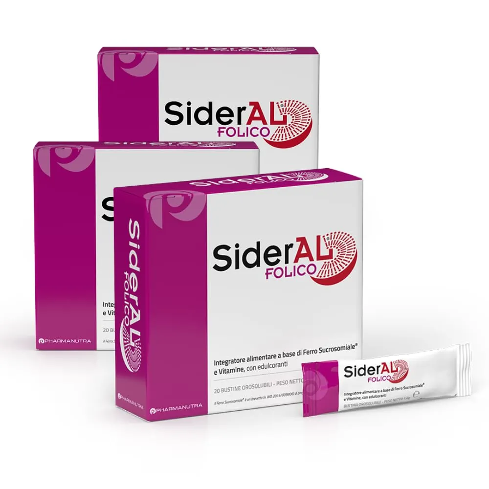 Pharmanutra SiderAL Folico, Ferro Sucrosomiale, Quatrefolic, Vitamine D3 e B12, 3 confezioni da 20 bustine - immagine 1