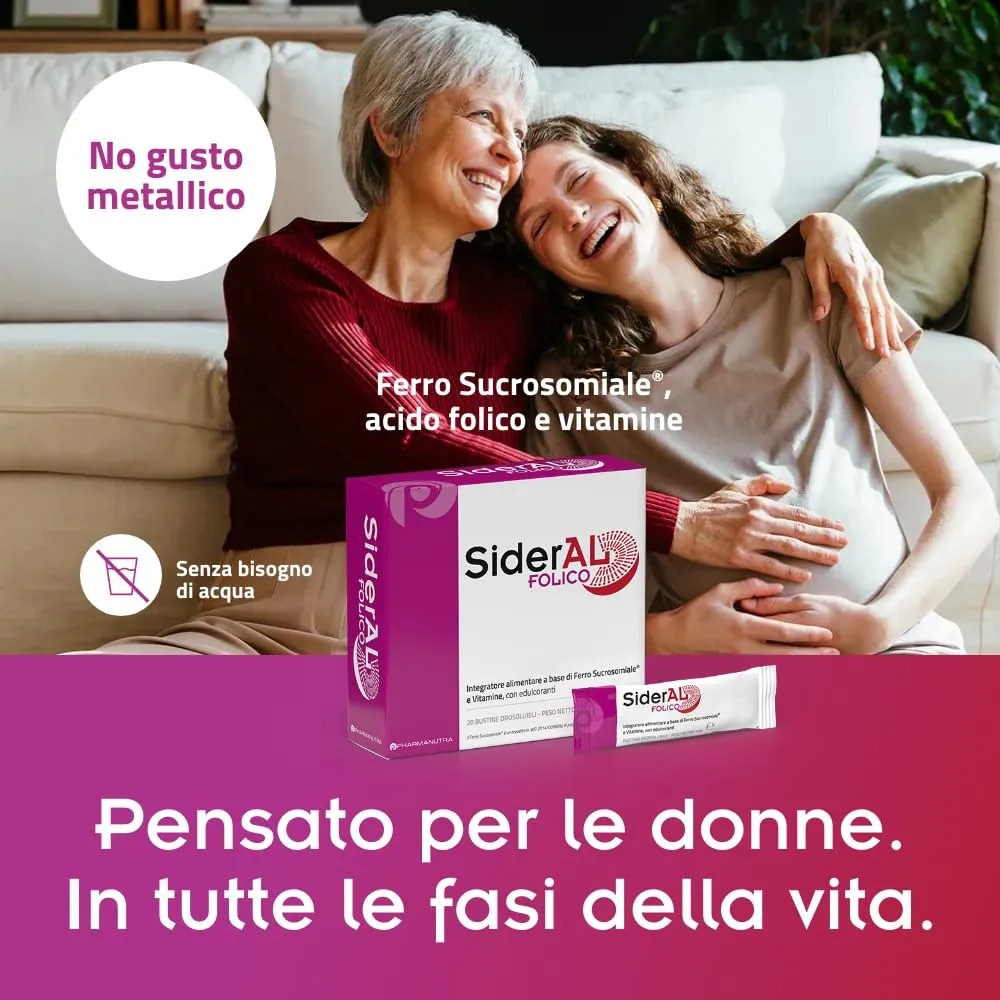 Pharmanutra SiderAL Folico, Ferro Sucrosomiale, Quatrefolic, Vitamine D3 e B12, 3 confezioni da 20 bustine - immagine 2