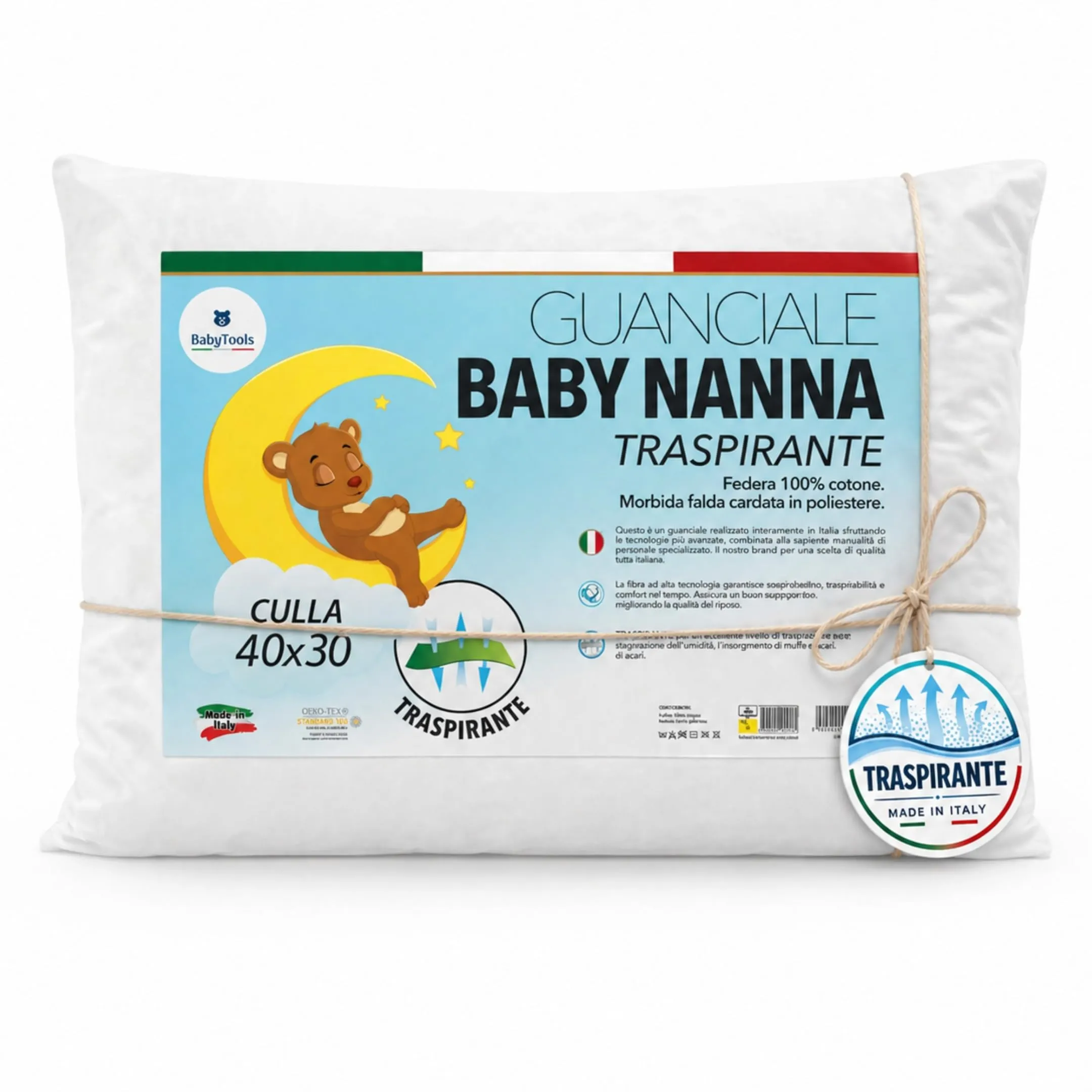 BabyTools Cuscino Neonato 40x30 cm, 6 Mesi - 2 Anni, Traspirante Antibatterico e Anti-Acaro con Federa in Cotone Oeko-Tex, Made in Italy - immagine 1