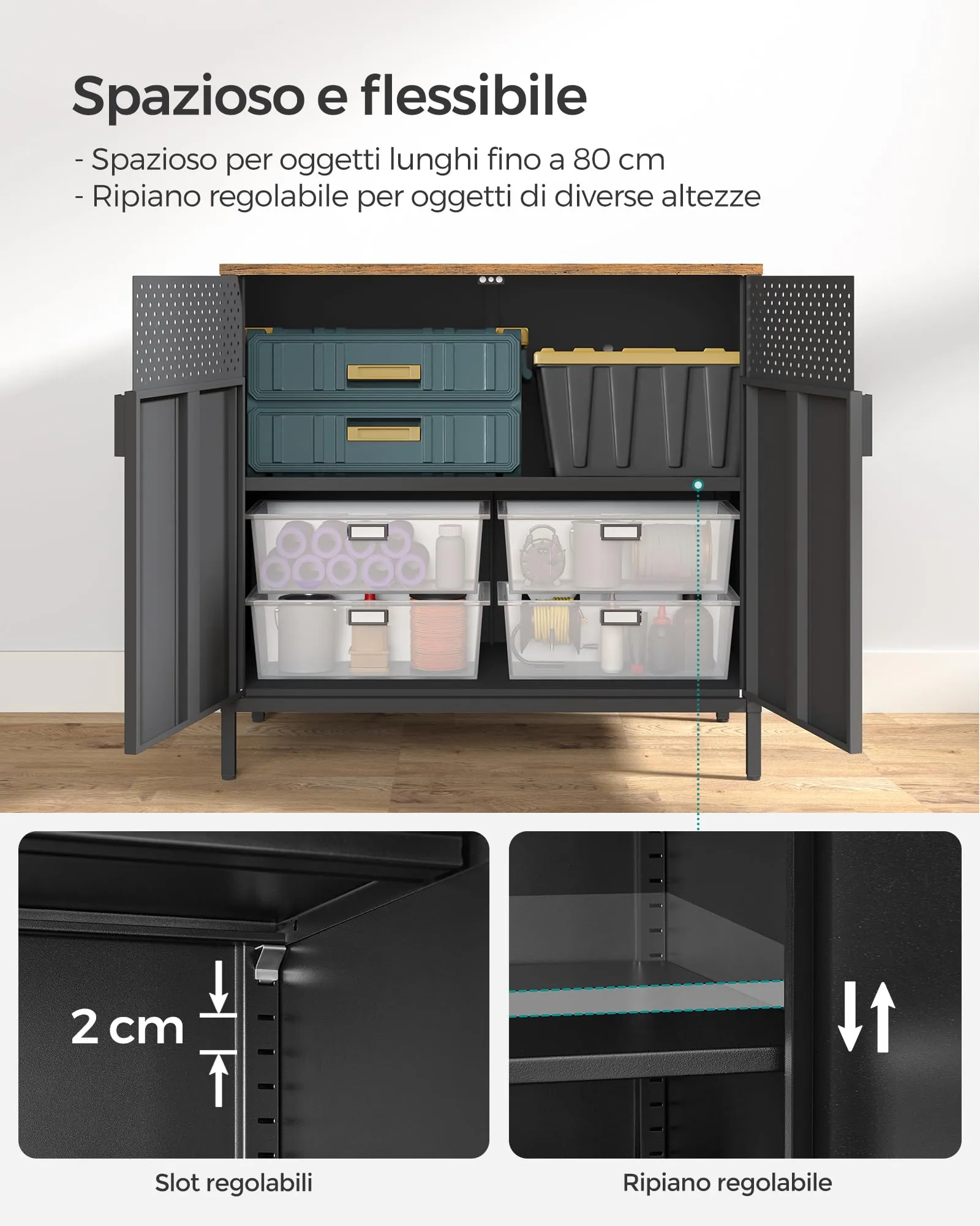 SONGMICS Mobiletto Contenitore Credenza in Metallo Doppia Anta LSC102B01, 40 x 80 x 76 cm, Marrone Vintage e Nero Inchiostro - immagine 4