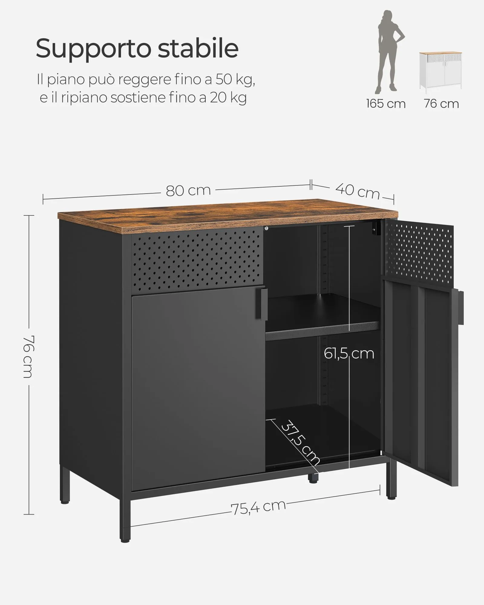 SONGMICS Mobiletto Contenitore Credenza in Metallo Doppia Anta LSC102B01, 40 x 80 x 76 cm, Marrone Vintage e Nero Inchiostro - immagine 6