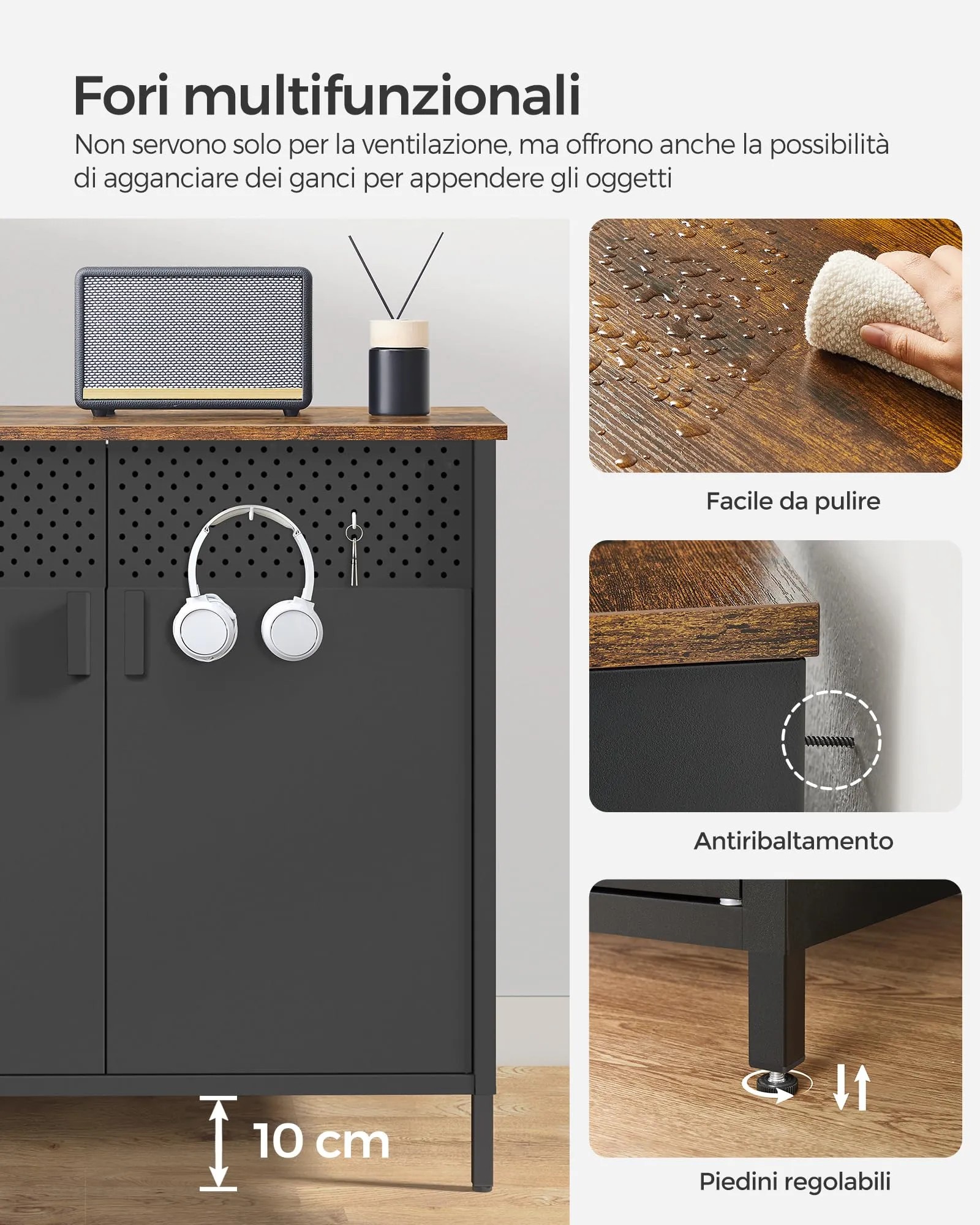 SONGMICS Mobiletto Contenitore Credenza in Metallo Doppia Anta LSC102B01, 40 x 80 x 76 cm, Marrone Vintage e Nero Inchiostro - immagine 7