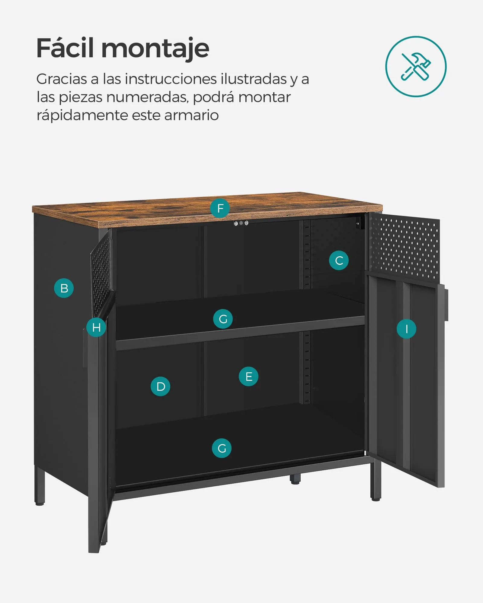SONGMICS Mobiletto Contenitore Credenza in Metallo Doppia Anta LSC102B01, 40 x 80 x 76 cm, Marrone Vintage e Nero Inchiostro - immagine 8