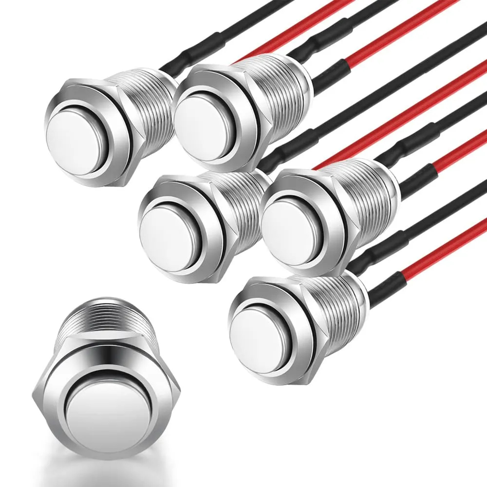 Gebildet Pulsante Impermeabile Momentaneo in Acciaio Inossidabile 12mm 2A 12V/24V/125V/250V Precablato, 5 Pezzi (Testa Alta) - immagine 1