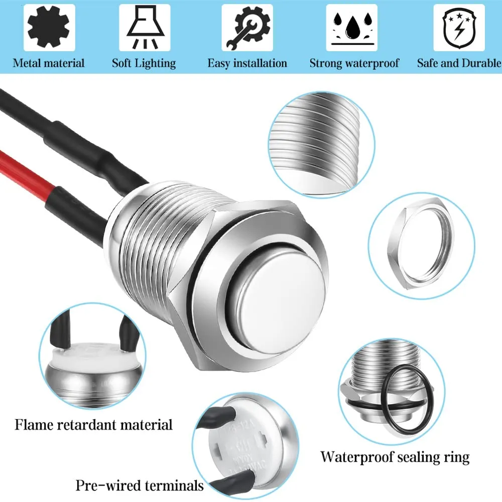 Gebildet Pulsante Impermeabile Momentaneo in Acciaio Inossidabile 12mm 2A 12V/24V/125V/250V Precablato, 5 Pezzi (Testa Alta) - immagine 4