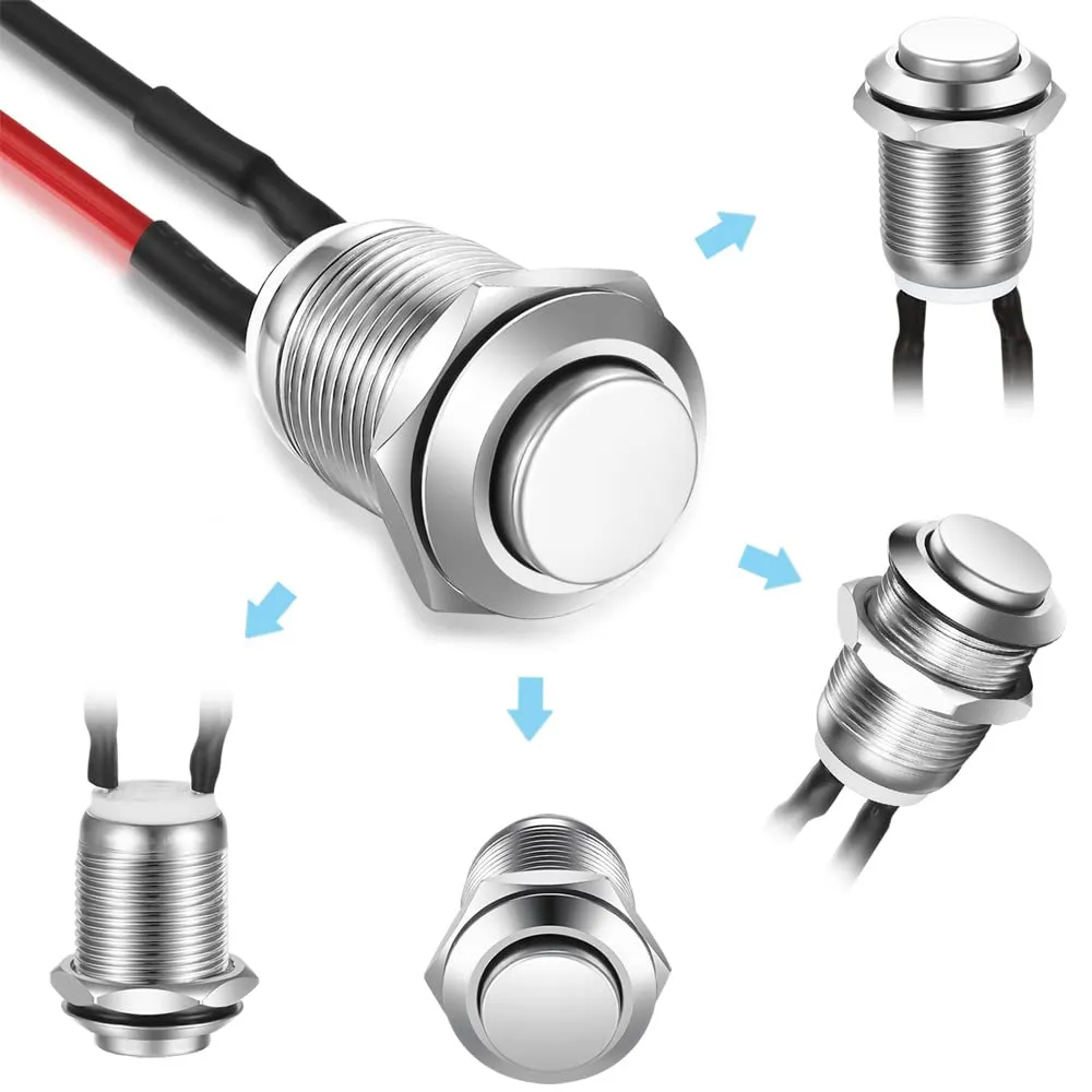 Gebildet Pulsante Impermeabile Momentaneo in Acciaio Inossidabile 12mm 2A 12V/24V/125V/250V Precablato, 5 Pezzi (Testa Alta) - immagine 5