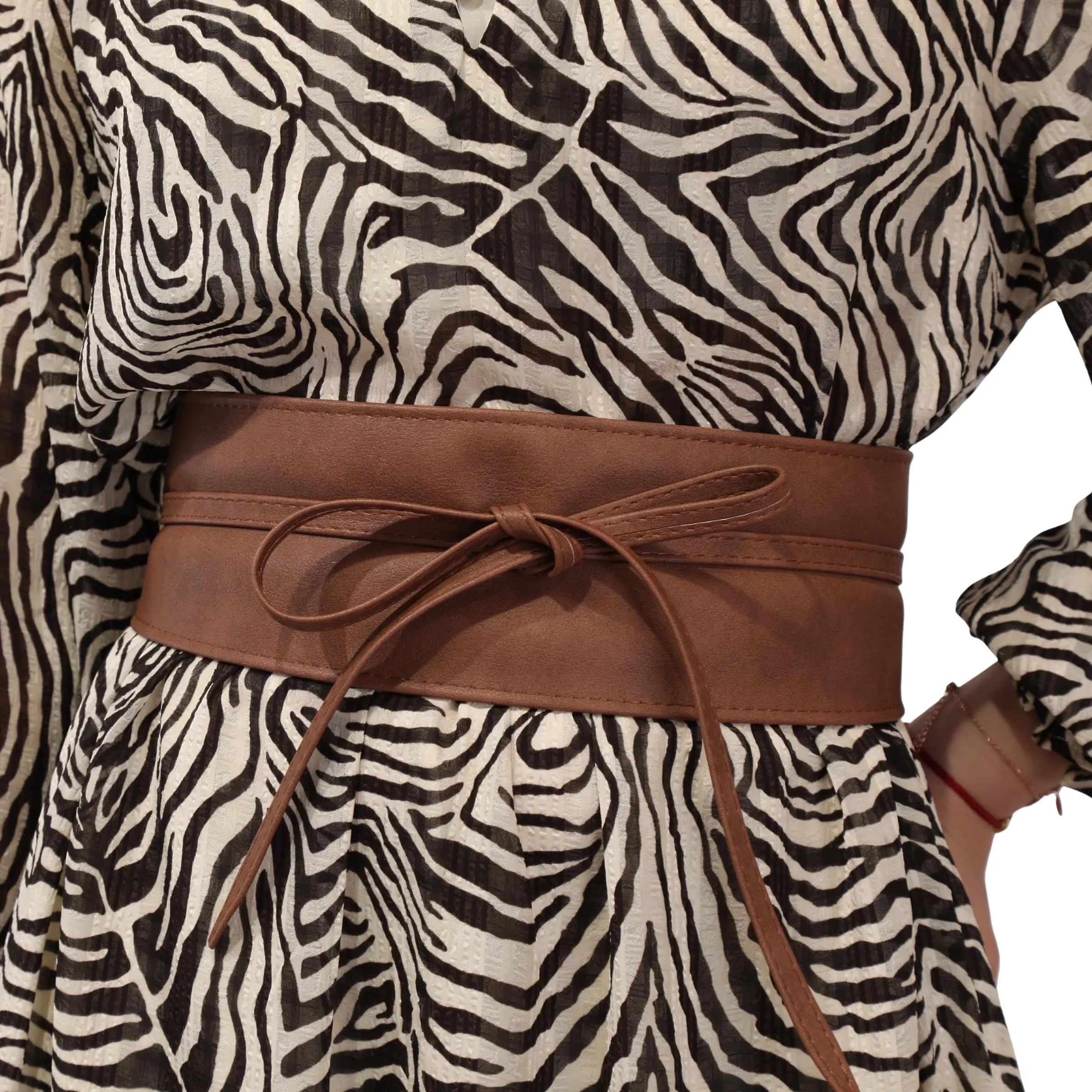 FASHIONGEN Cintura Obi da donna in similpelle, Marrone chiaro, S-M - immagine 5