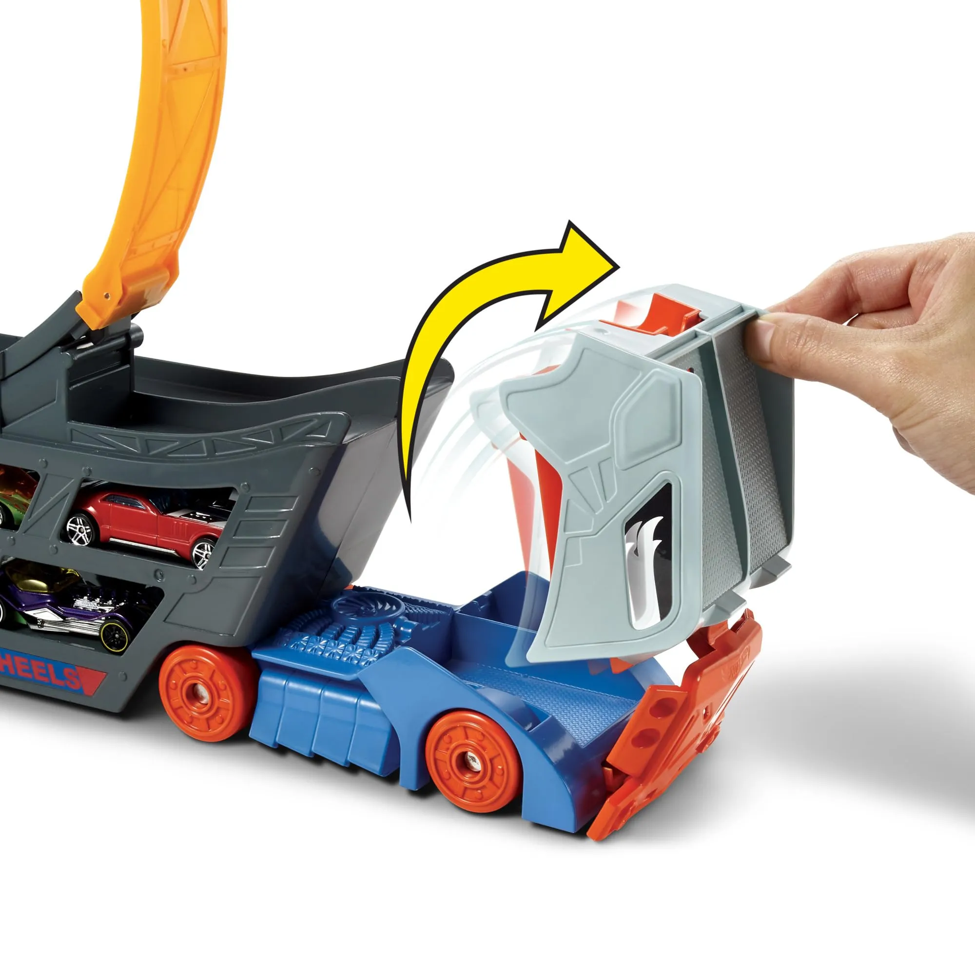 Hot Wheels Trasportatore Portatile con Mega Loop e Lanciatore, Spazio per 18 Veicoli, GCK38 - immagine 4