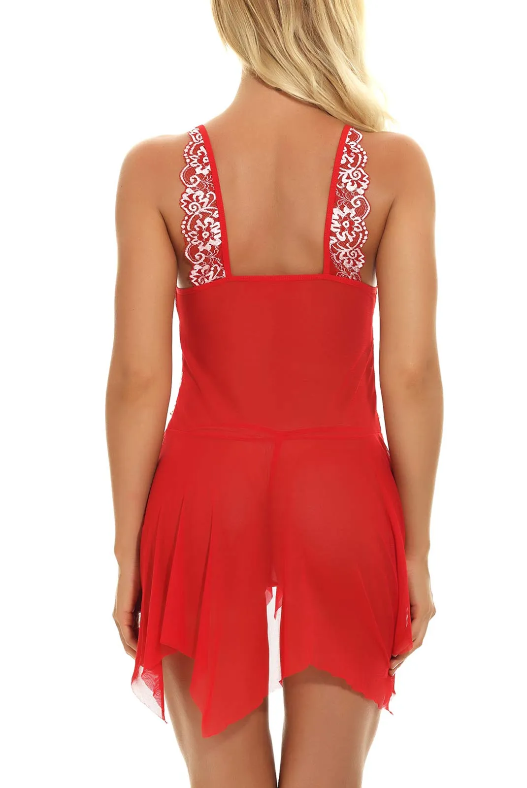 ONGASOFT Lingerie Donna Babydoll in Pizzo Trasparente con Chiusura Frontale e Perizoma, Rosso - immagine 6