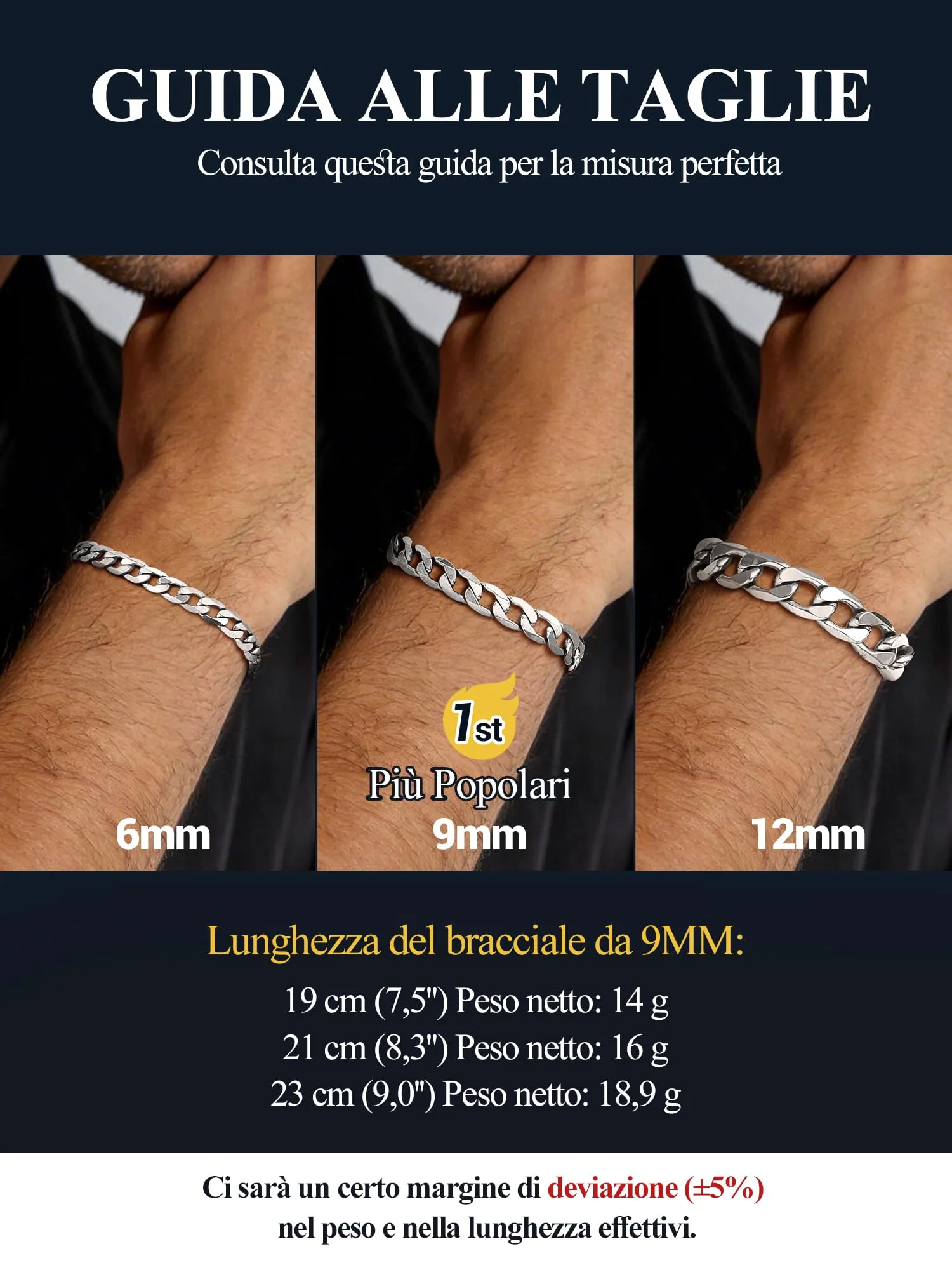PROSTEEL Bracciale Uomo Catena Cubana 9mm Argento 21cm - immagine 5