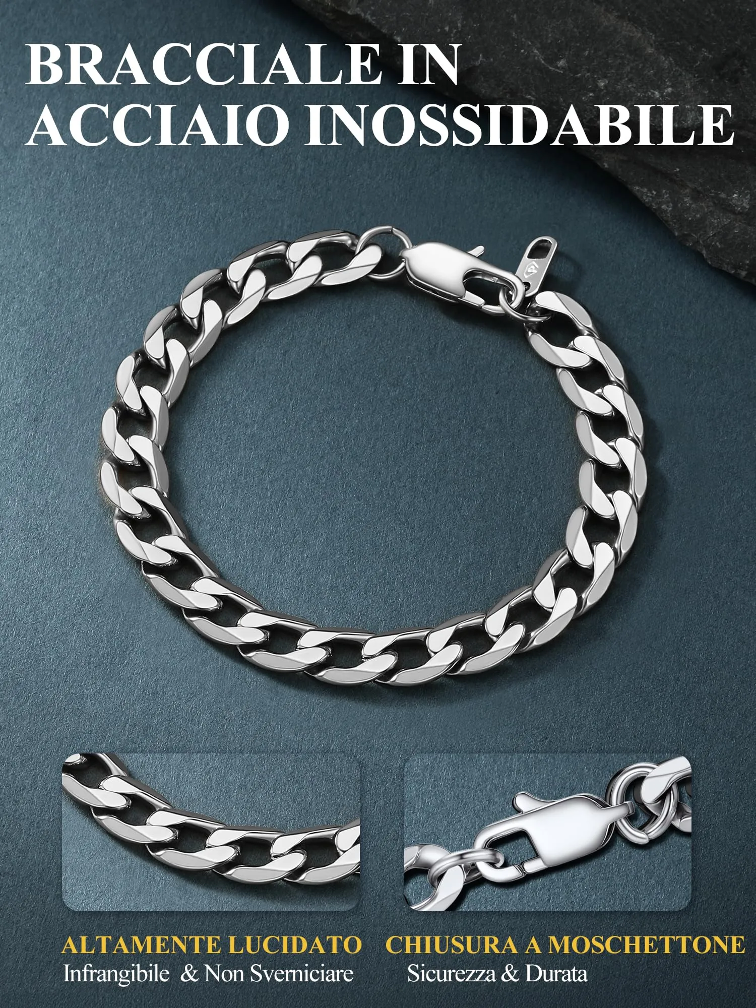 PROSTEEL Bracciale Uomo Catena Cubana Tridimensionale Argento 9mm 19cm - immagine 7