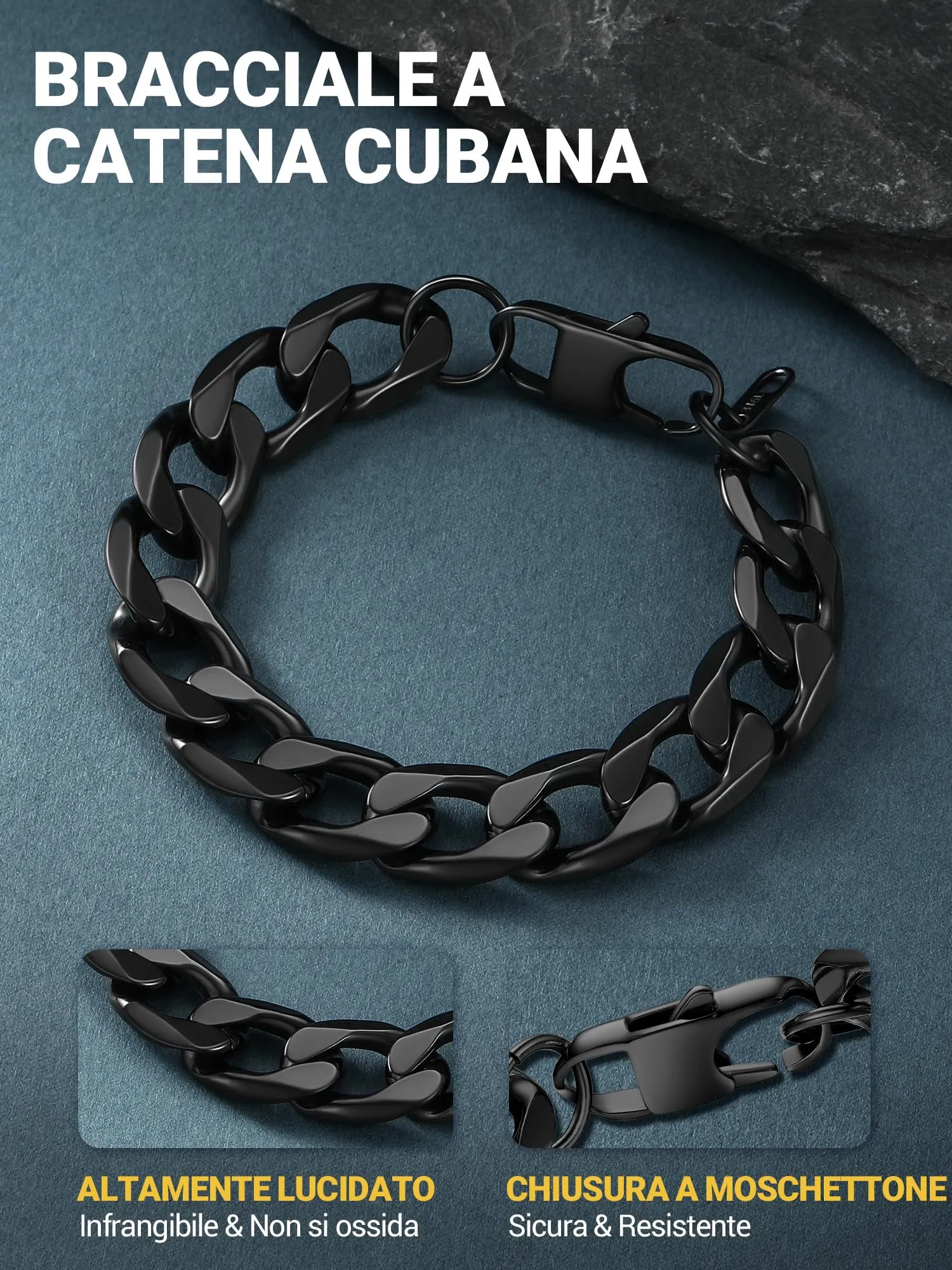PROSTEEL Bracciale Uomo Catena Cubana 13mm Nero 21cm - immagine 3