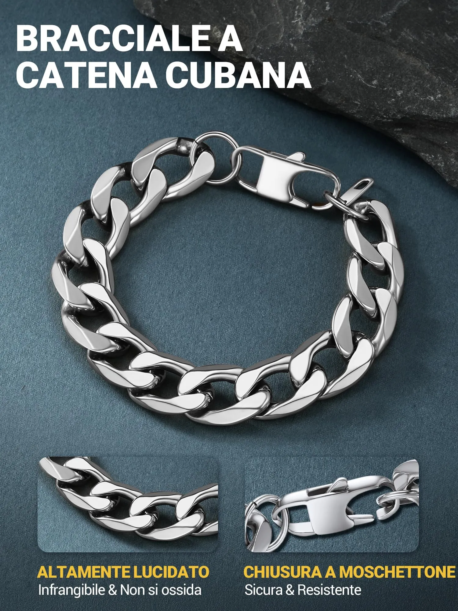 PROSTEEL Bracciale Uomo Catena Cubana Tridimensionale Argento 13mm 21cm - immagine 3